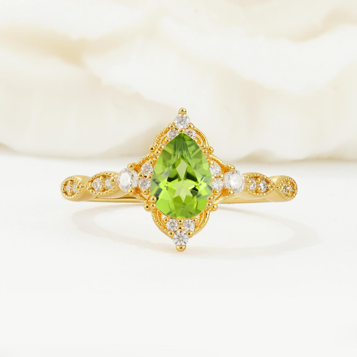 Vintage Pear Cut Peridot Scalloped Halo Engagement Ring - Additional view