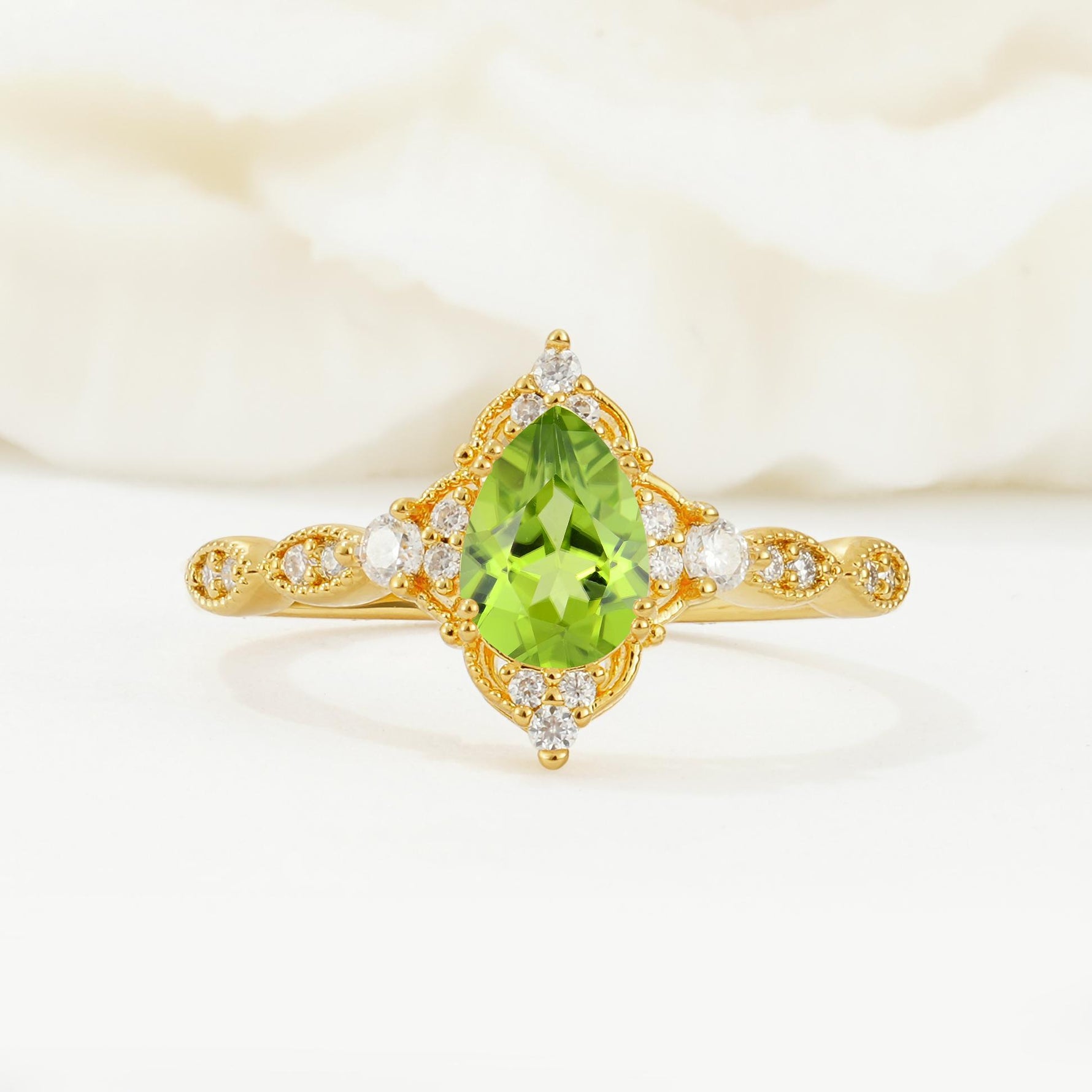 Vintage Pear Cut Peridot Scalloped Halo Engagement Ring - Additional view
