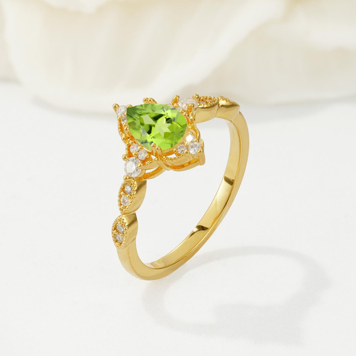 Vintage Pear Cut Peridot Scalloped Halo Engagement Ring - Additional view