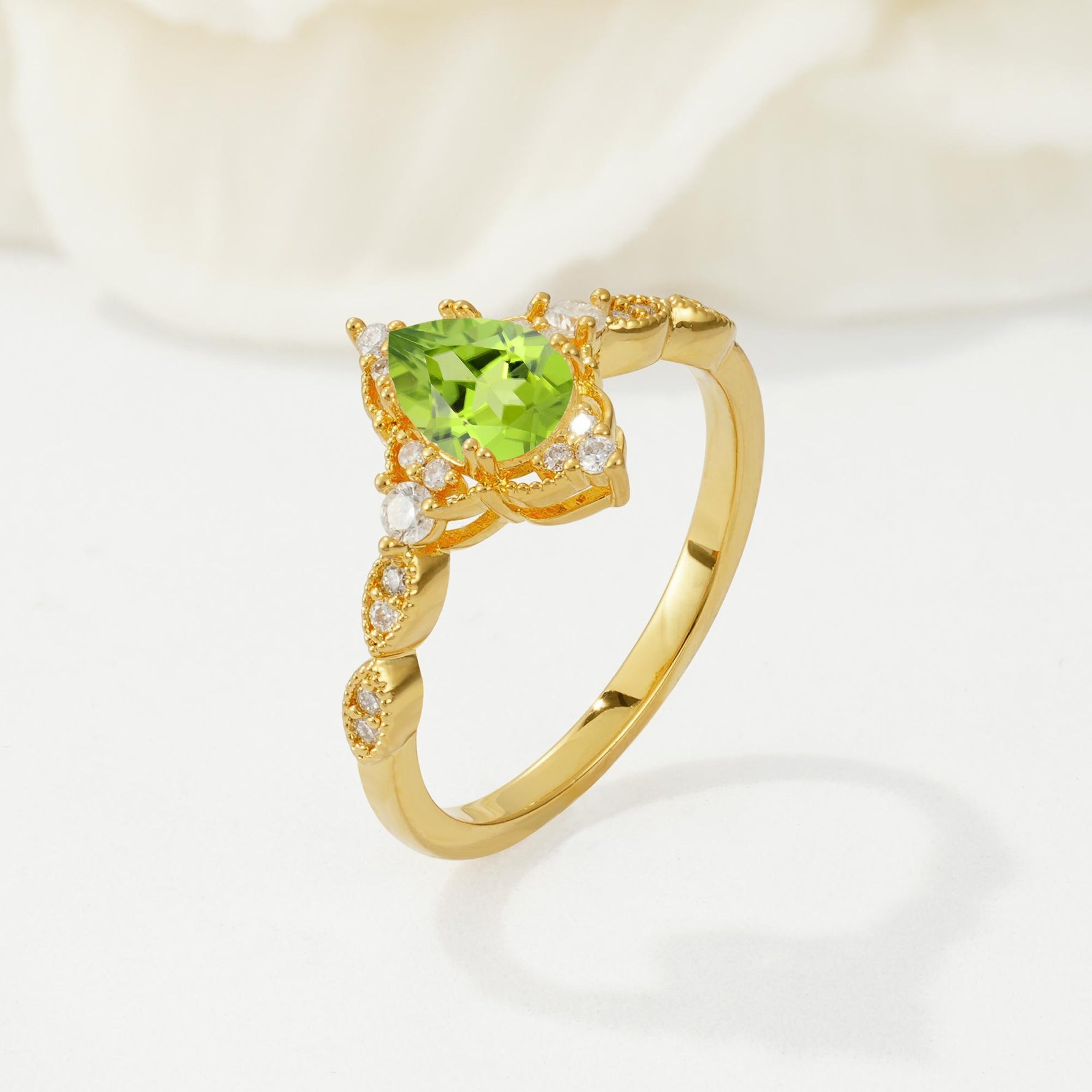 Vintage Pear Cut Peridot Scalloped Halo Engagement Ring - Additional view