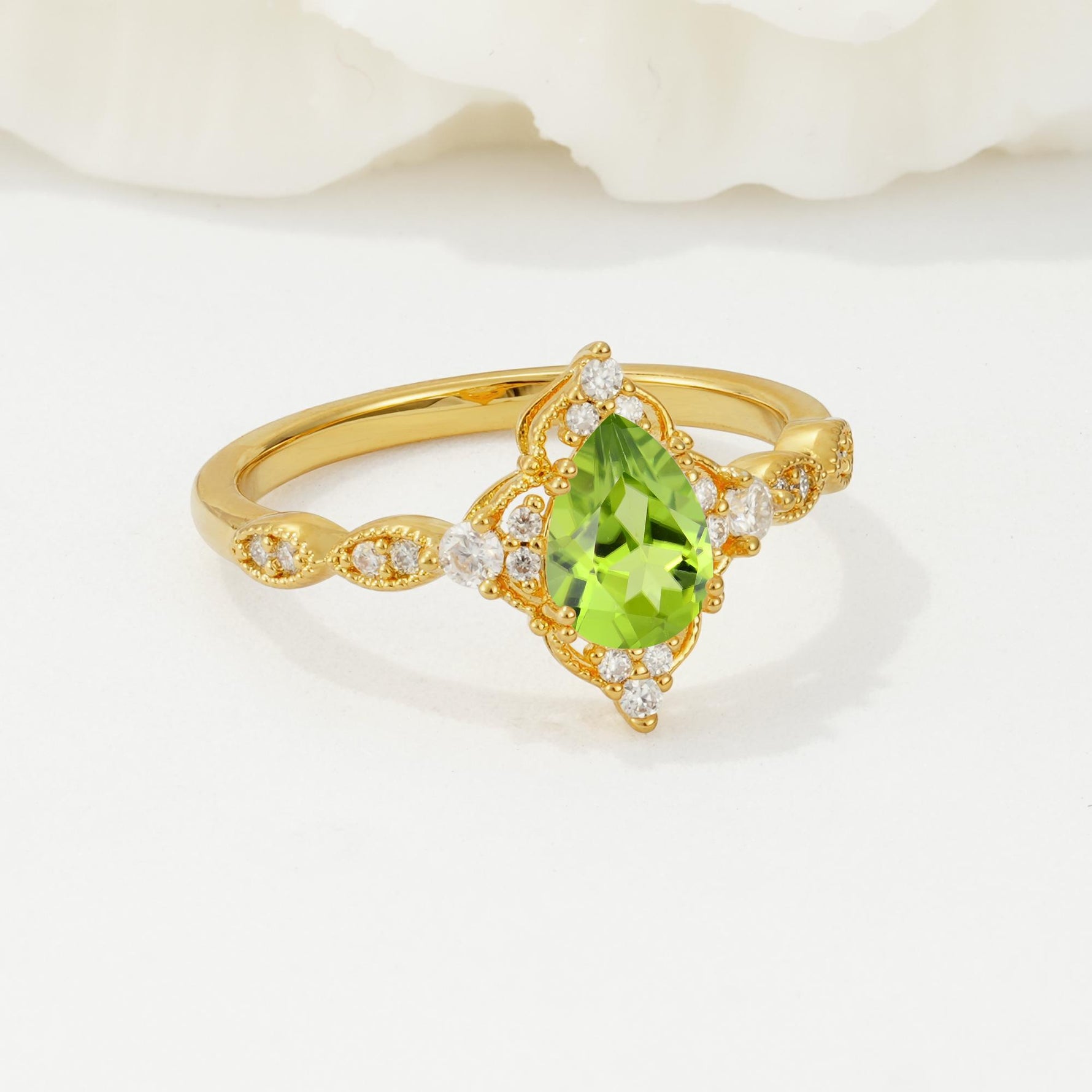 Vintage Pear Cut Peridot Scalloped Halo Engagement Ring - Additional view
