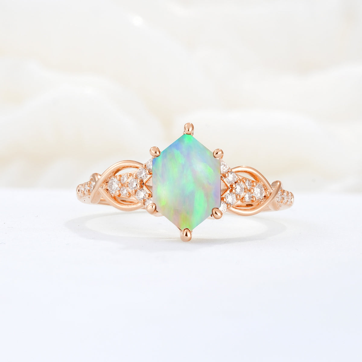 Exquisite Hexagonal Cut Twisted Band Fire Opal Engagement Ring - Additional view