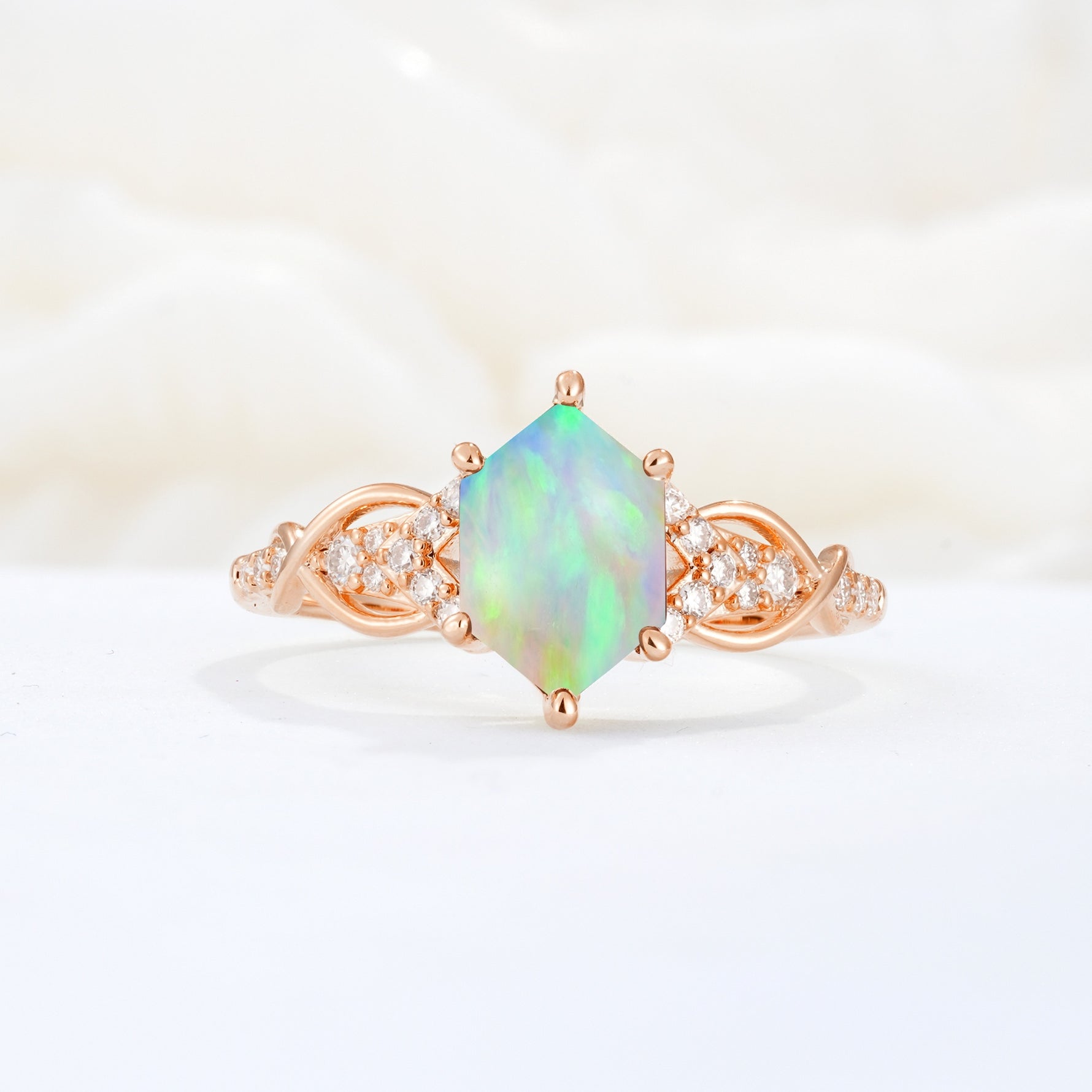 Exquisite Hexagonal Cut Twisted Band Fire Opal Engagement Ring - Additional view