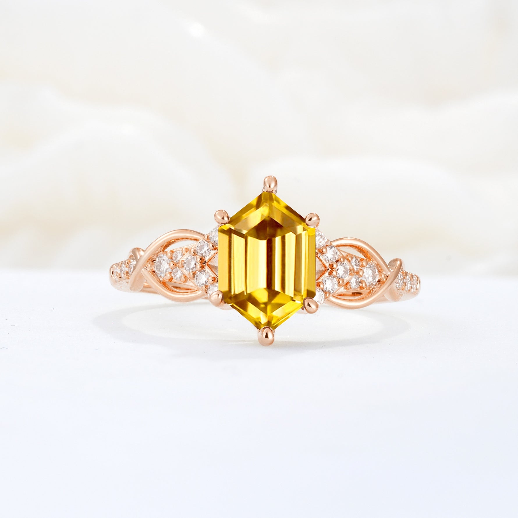 Exquisite Hexagonal Cut Twisted Band Citrine Engagement Ring - Additional view