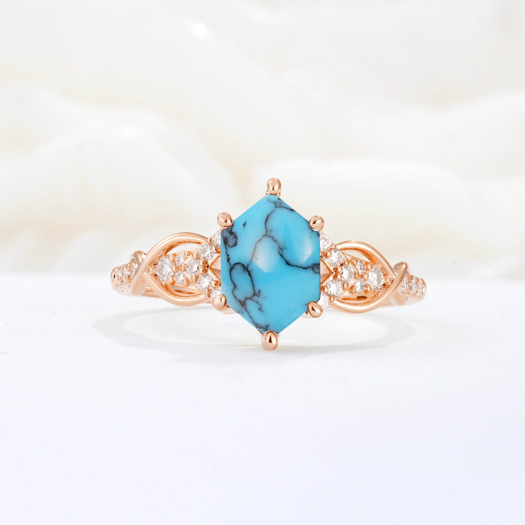 Exquisite Hexagonal Cut Twisted Band Turquoise Engagement Ring - Additional view