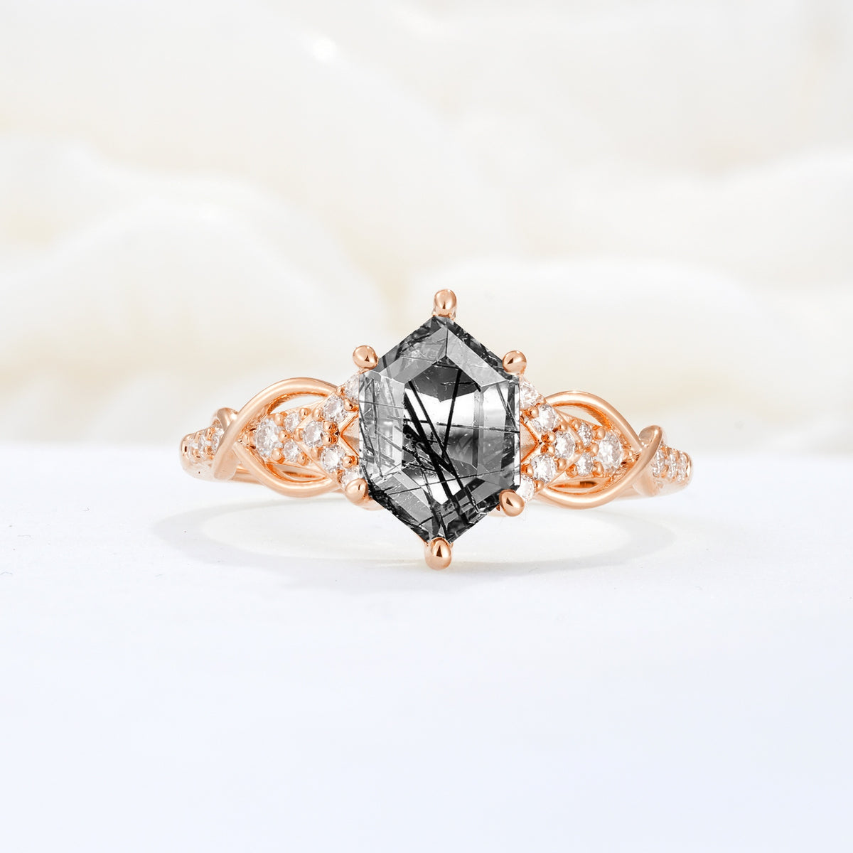 Exquisite Hexagonal Cut Twisted Band Black Rutilated Quartz Engagement Ring - Additional view