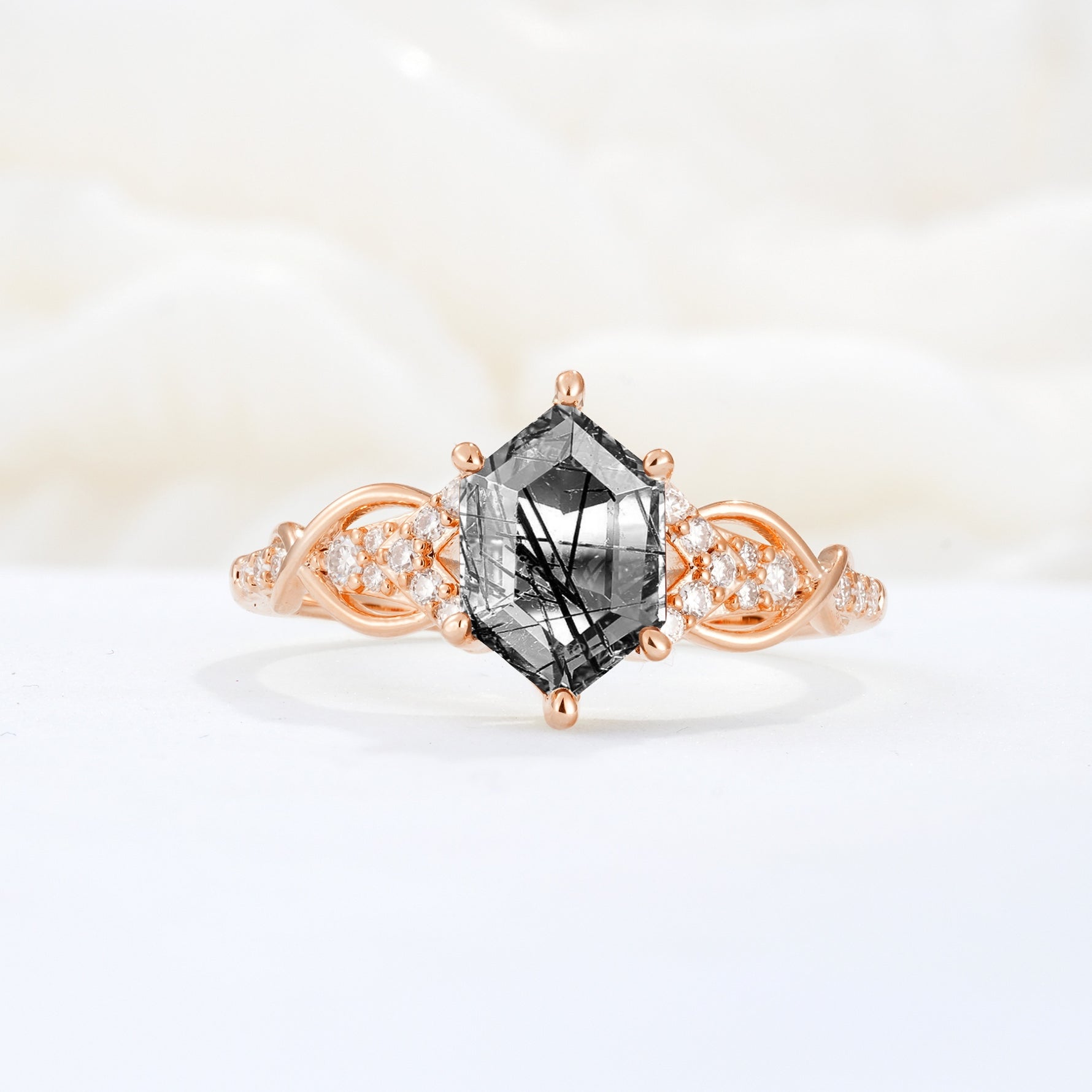 Exquisite Hexagonal Cut Twisted Band Black Rutilated Quartz Engagement Ring - Additional view