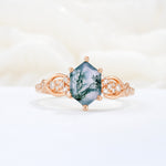 Exquisite Hexagonal Cut Twisted Band Moss Agate Engagement Ring - Additional view