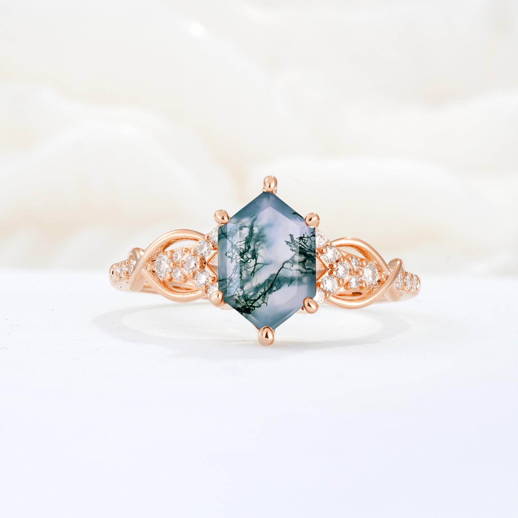 Exquisite Hexagonal Cut Twisted Band Moss Agate Engagement Ring - Additional view