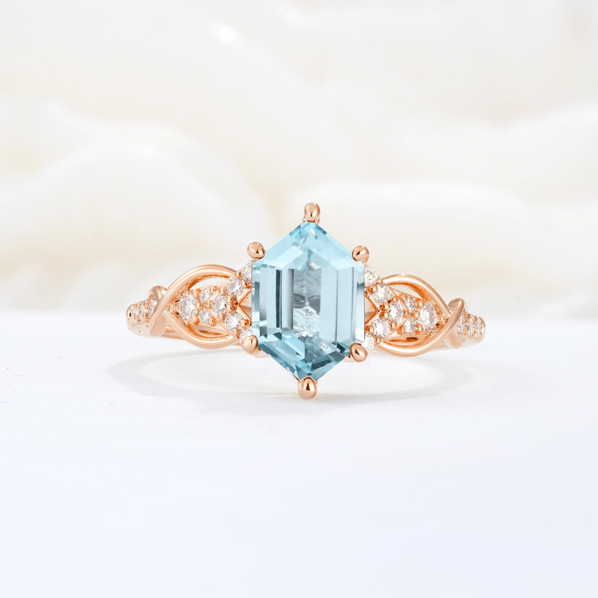 Exquisite Hexagonal Cut Twisted Band Aquamarine Engagement Ring - Additional view