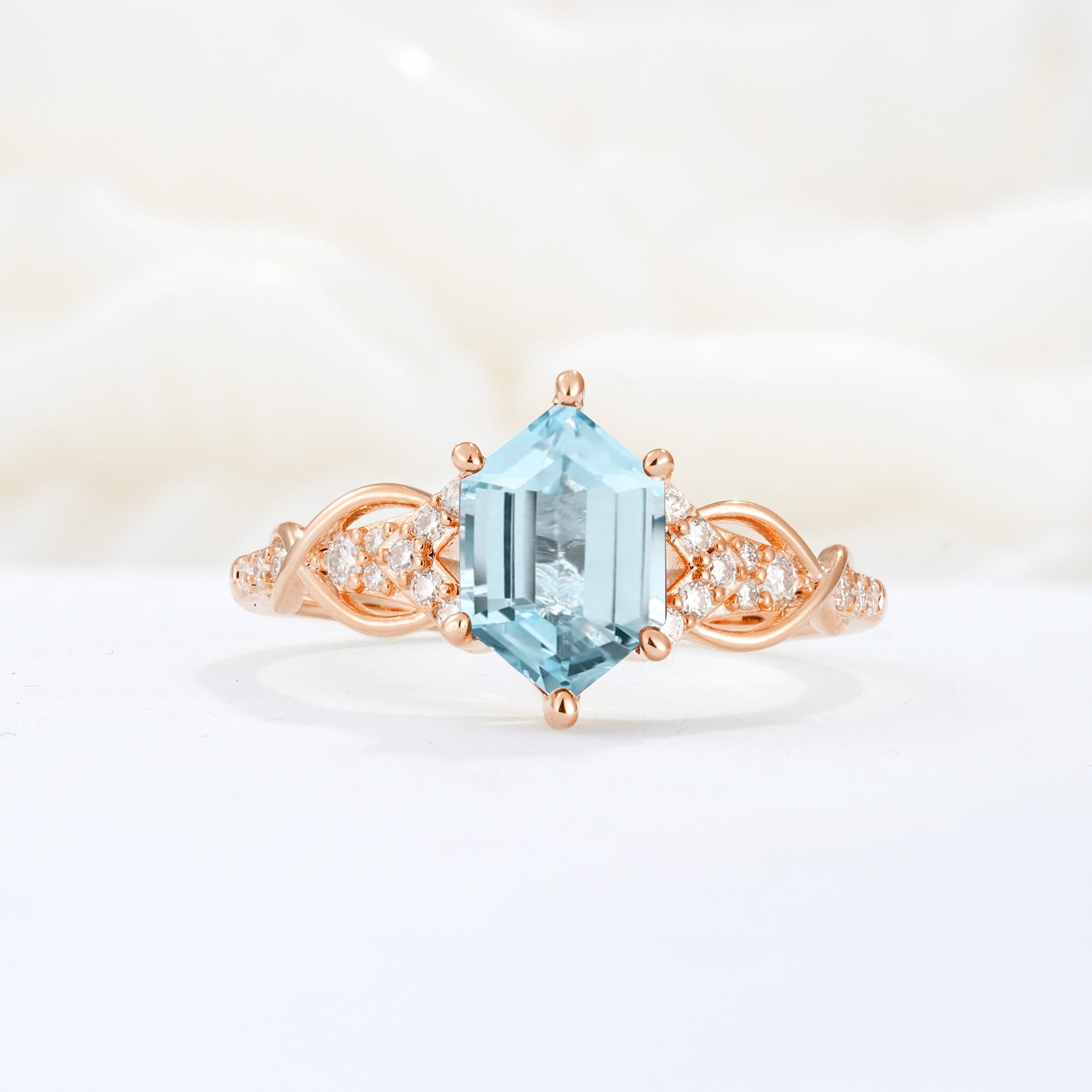 Exquisite Hexagonal Cut Twisted Band Aquamarine Engagement Ring - Additional view