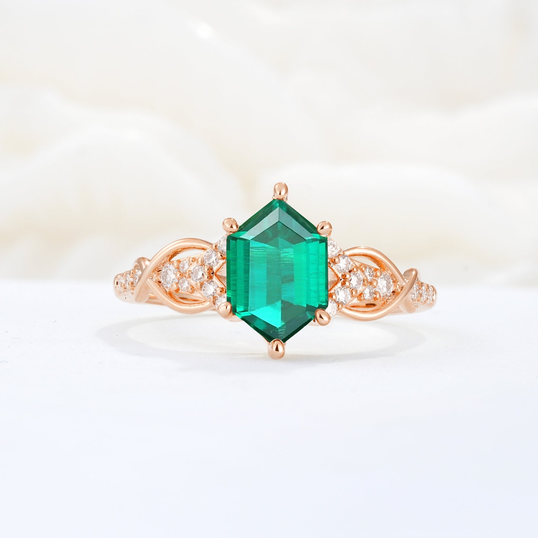 Exquisite Hexagonal Cut Twisted Band Emerald Engagement Ring - Additional view
