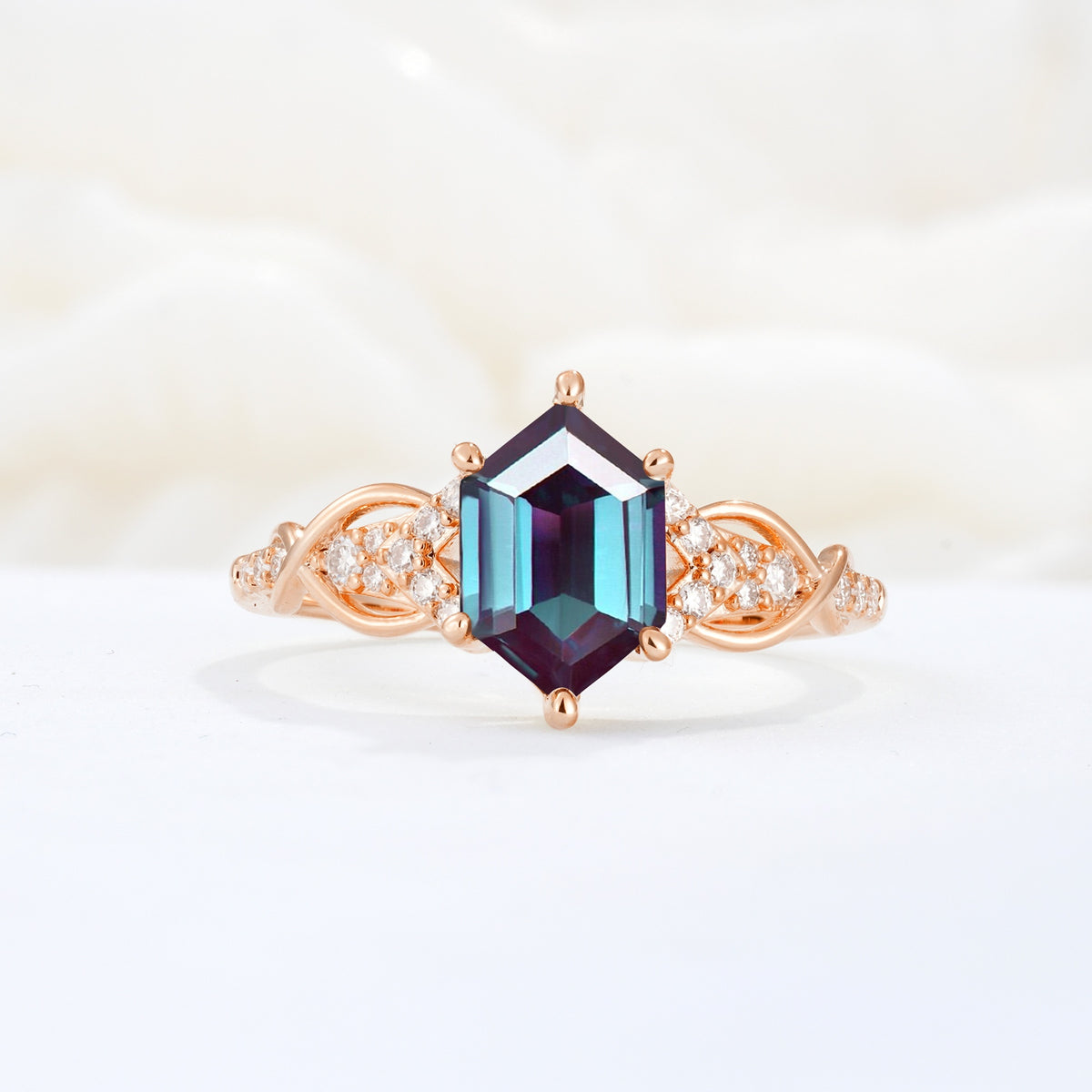Exquisite Hexagonal Cut Twisted Band Alexandrite Engagement Ring - Additional view