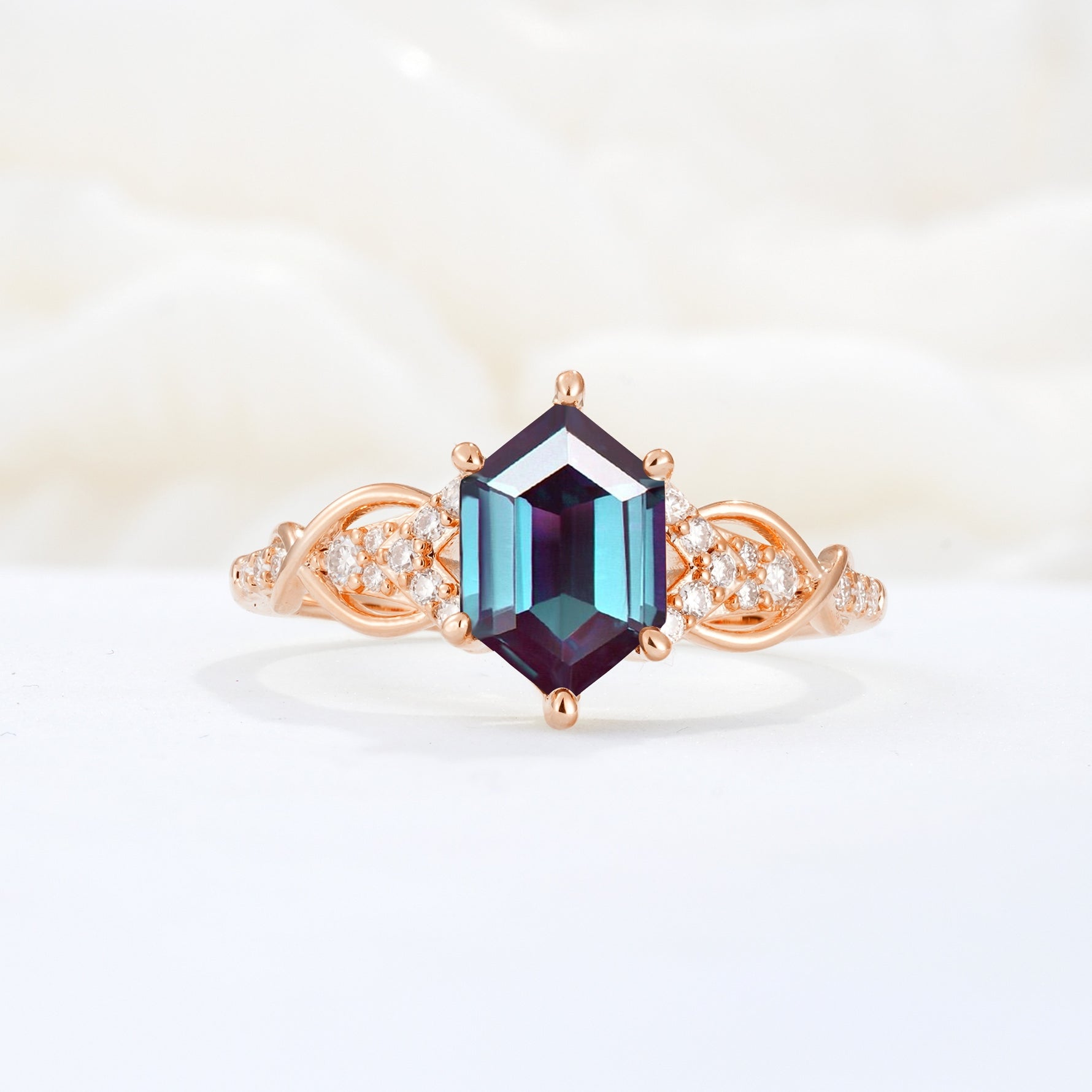 Exquisite Hexagonal Cut Twisted Band Alexandrite Engagement Ring - Additional view