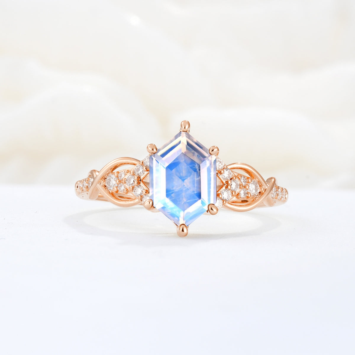 Exquisite Hexagonal Cut Twisted Band Moonstone Engagement Ring - Additional view