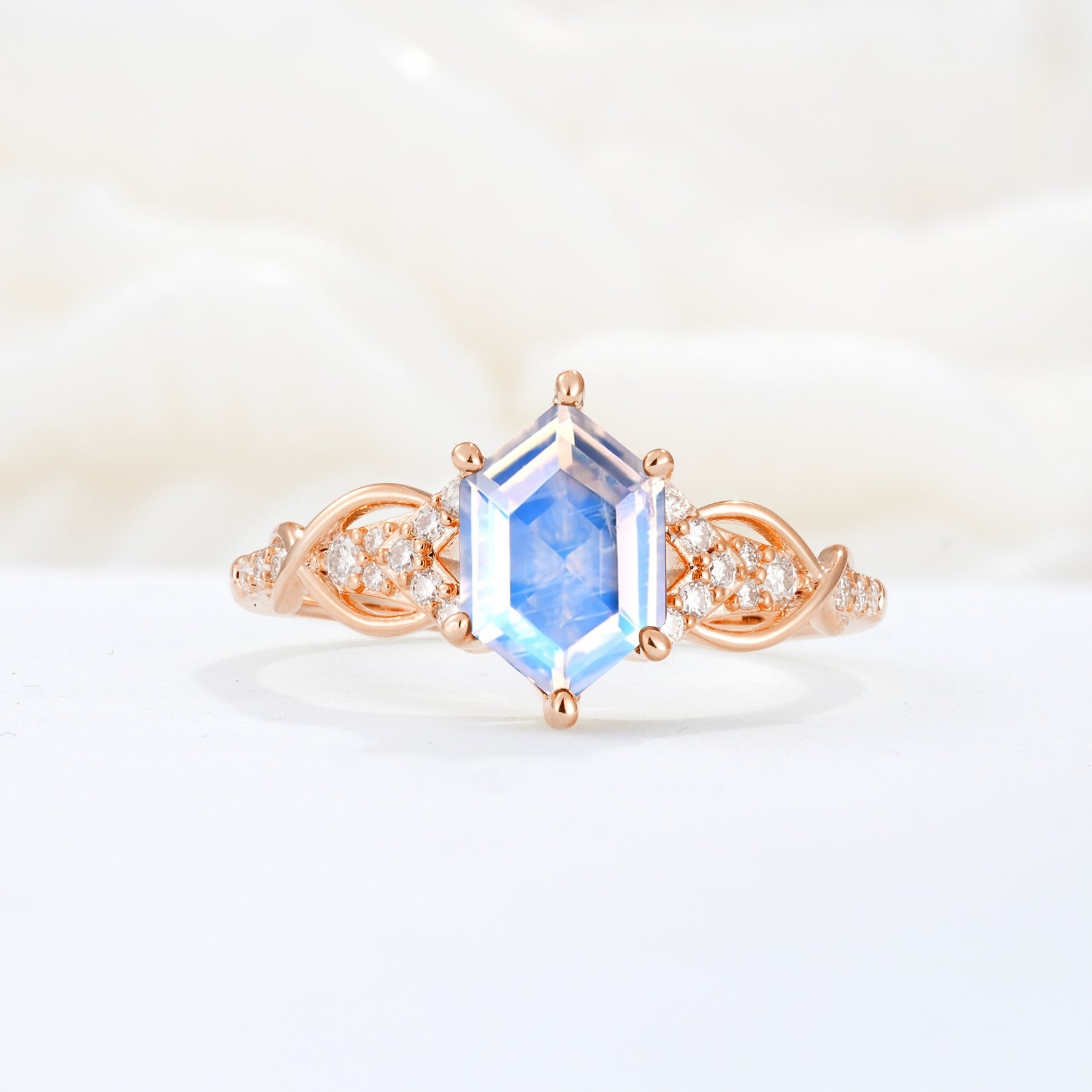 Exquisite Hexagonal Cut Twisted Band Moonstone Engagement Ring - Additional view
