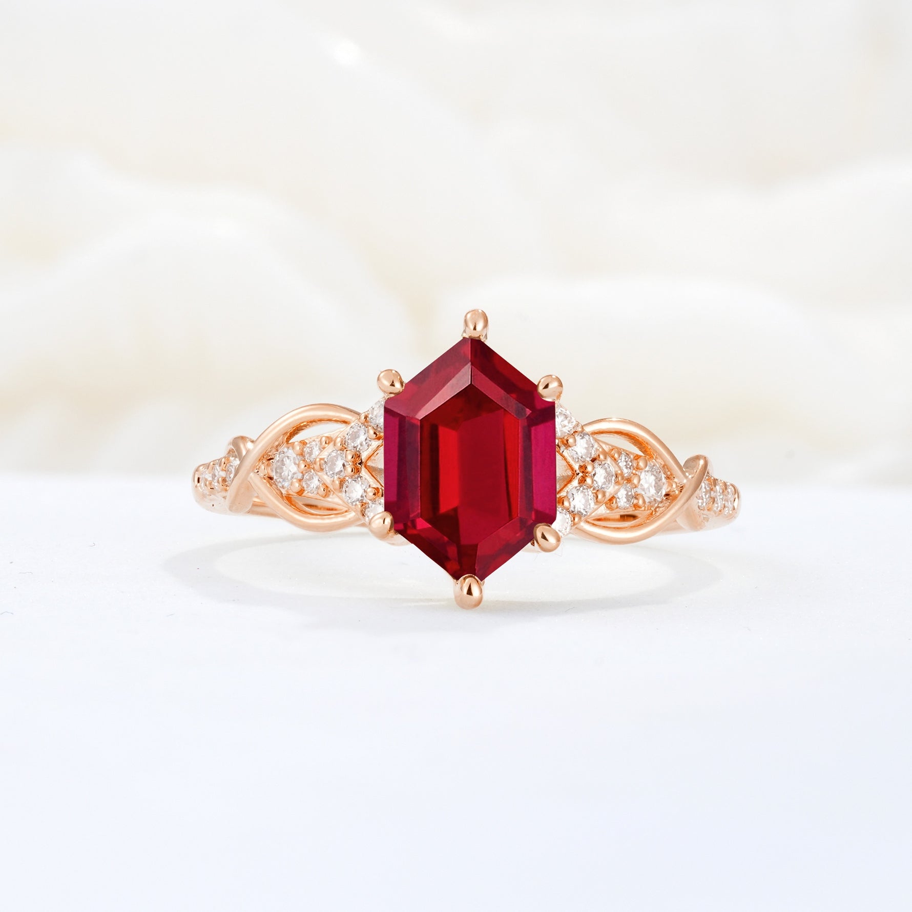 Exquisite Hexagonal Cut Twisted Band Ruby Engagement Ring - Additional view