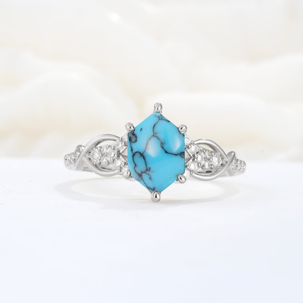 Exquisite Hexagonal Cut Twisted Band Turquoise Engagement Ring - Additional view
