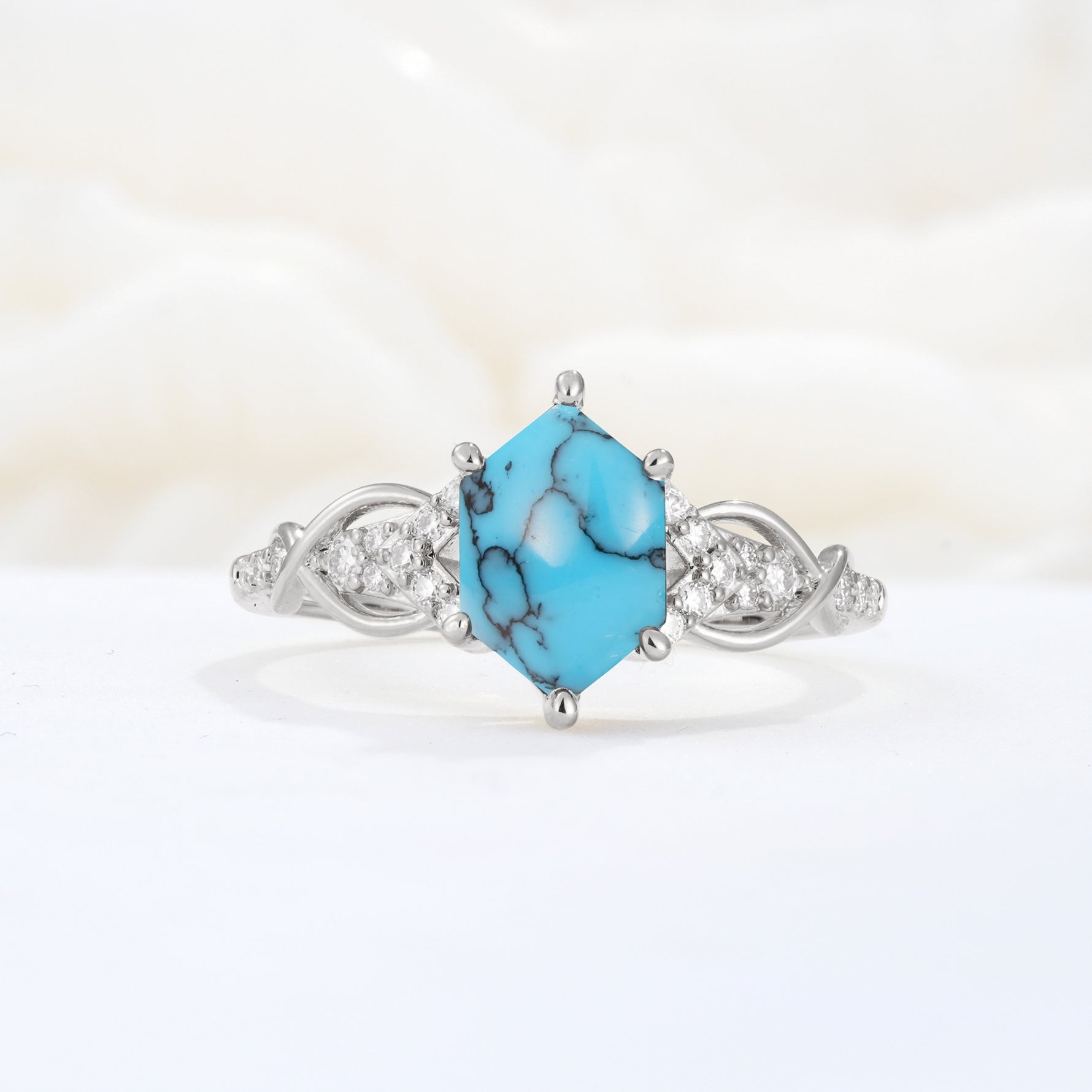 Exquisite Hexagonal Cut Twisted Band Turquoise Engagement Ring - Additional view