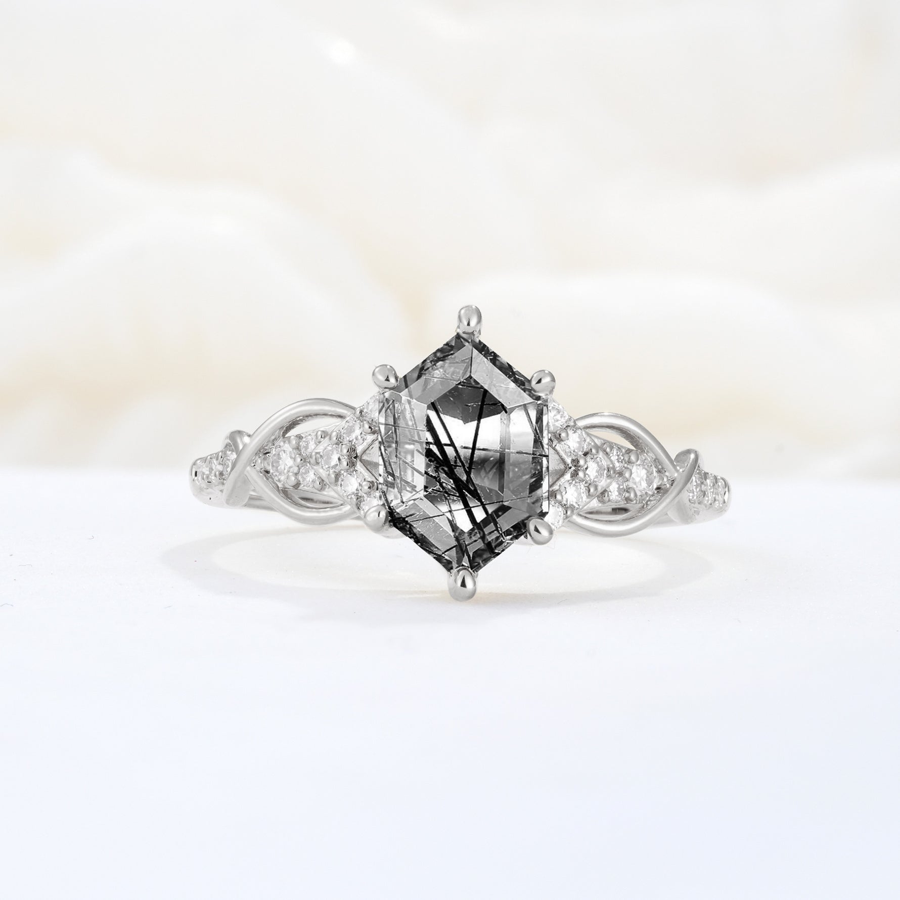 Exquisite Hexagonal Cut Twisted Band Black Rutilated Quartz Engagement Ring - Additional view