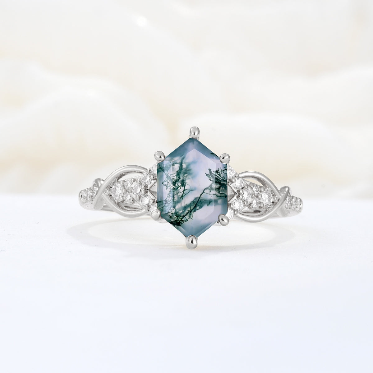 Exquisite Hexagonal Cut Twisted Band Moss Agate Engagement Ring - Additional view