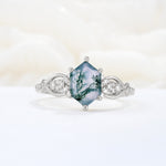 Exquisite Hexagonal Cut Twisted Band Moss Agate Engagement Ring - Additional view