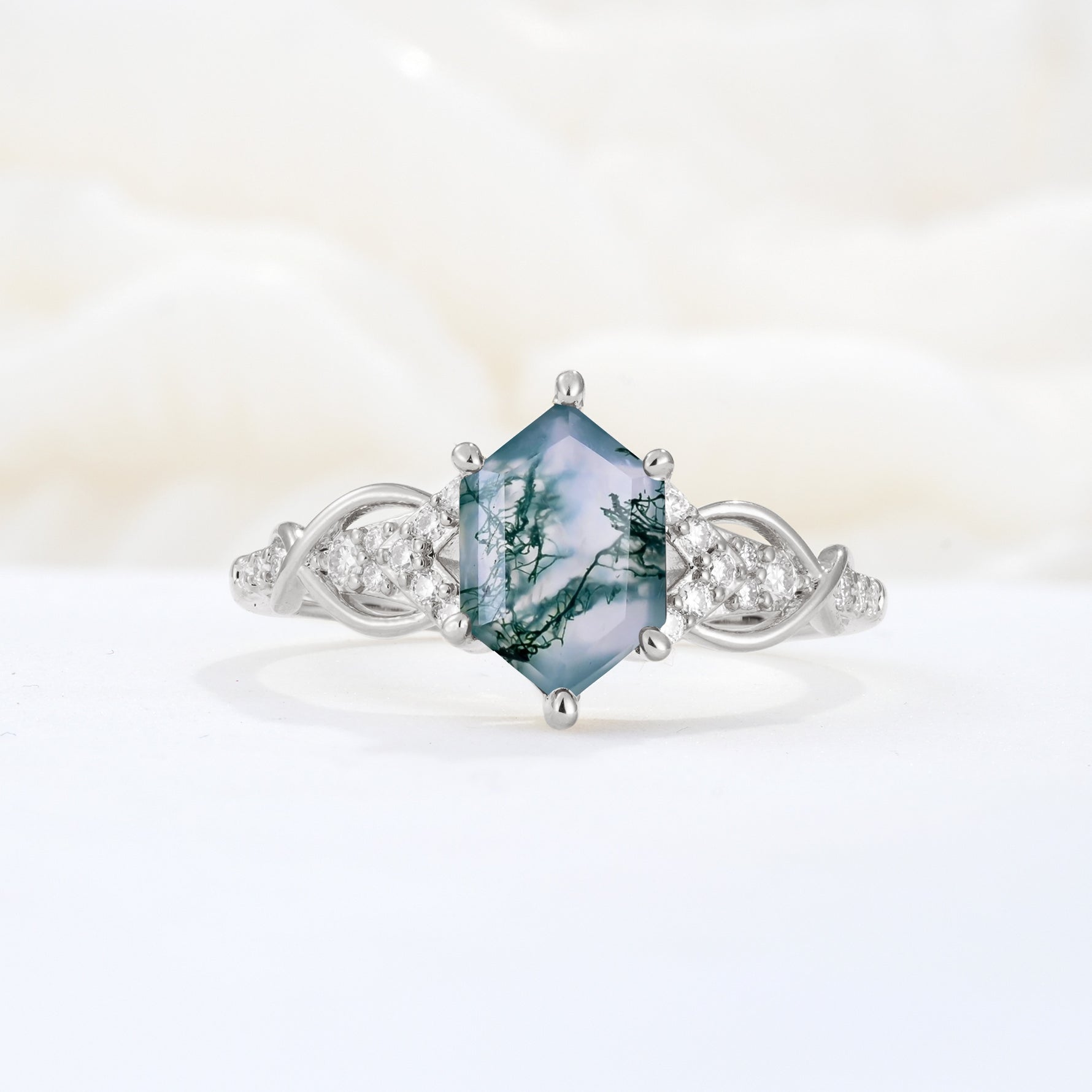 Exquisite Hexagonal Cut Twisted Band Moss Agate Engagement Ring - Additional view