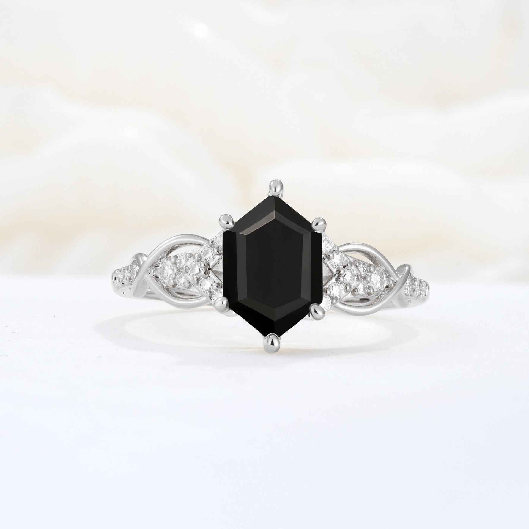 Exquisite Hexagonal Cut Twisted Band Black Onyx Engagement Ring - Additional view