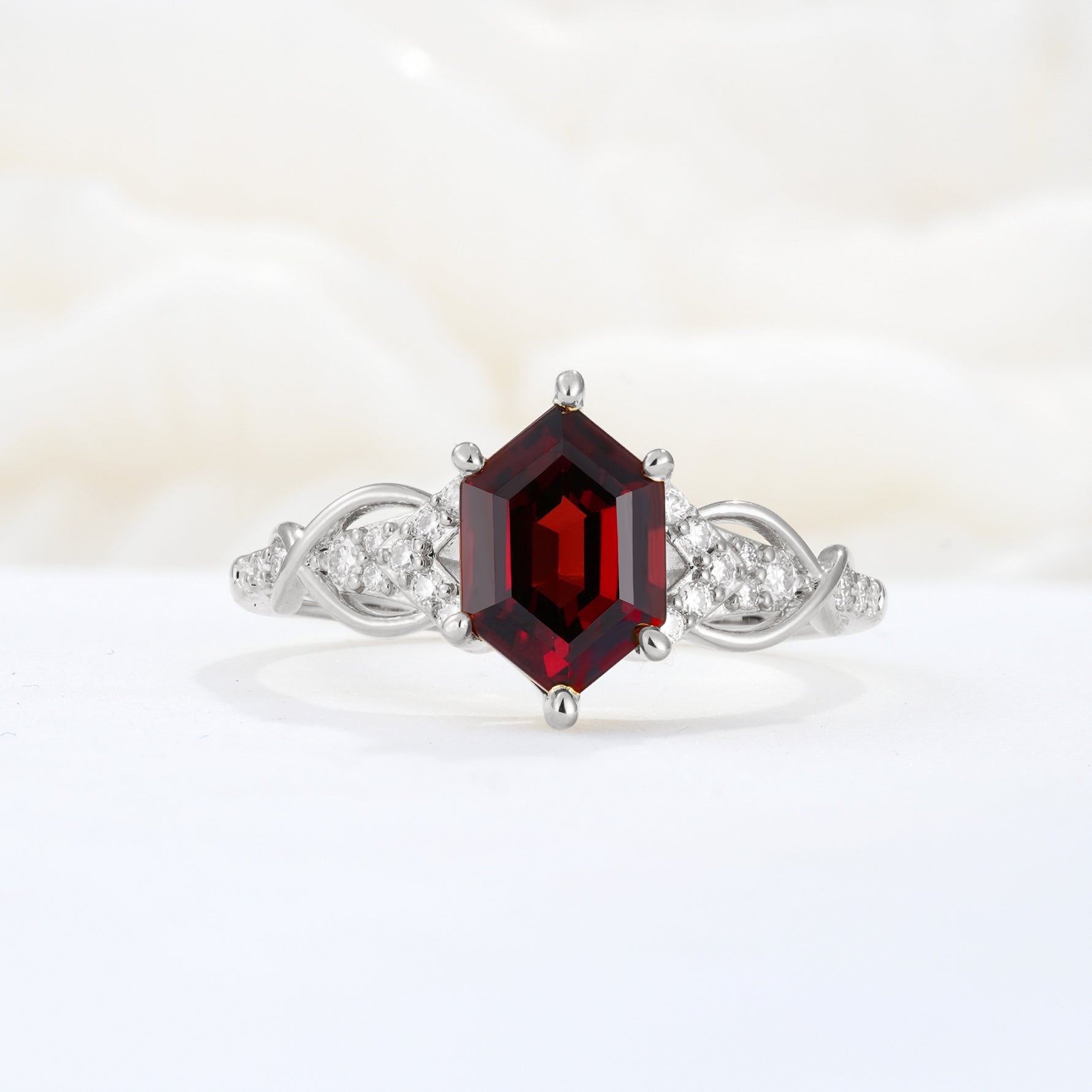 Exquisite Hexagonal Cut Twisted Band Garnet Engagement Ring - Additional view