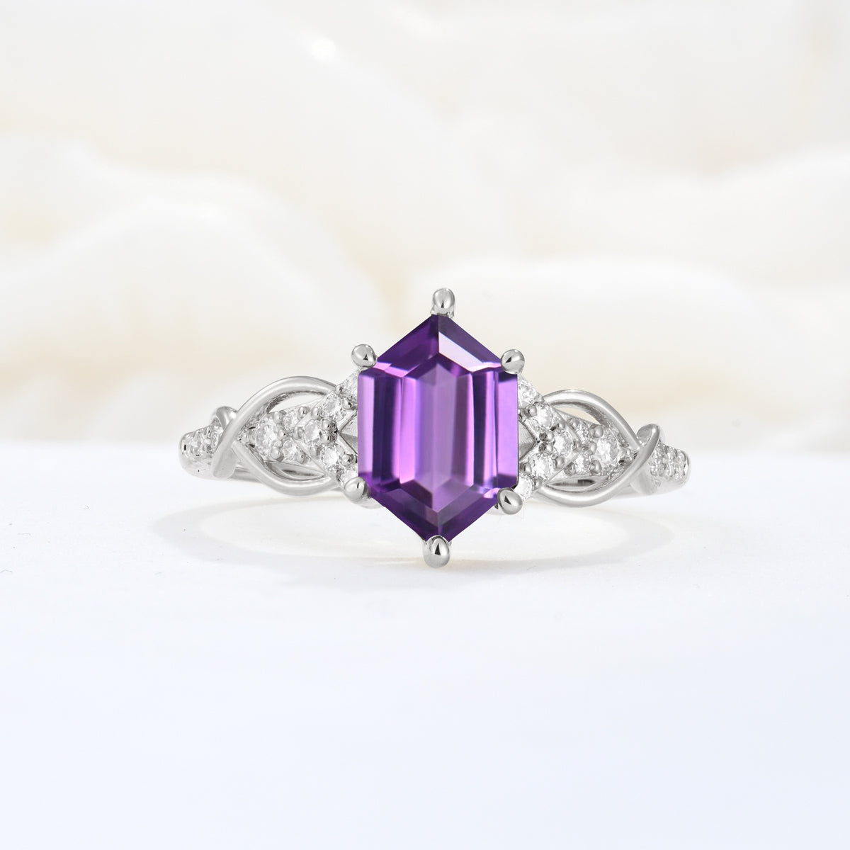 Exquisite Hexagonal Cut Twisted Band Amethyst Engagement Ring - Additional view