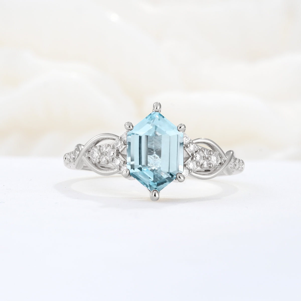 Exquisite Hexagonal Cut Twisted Band Aquamarine Engagement Ring - Additional view