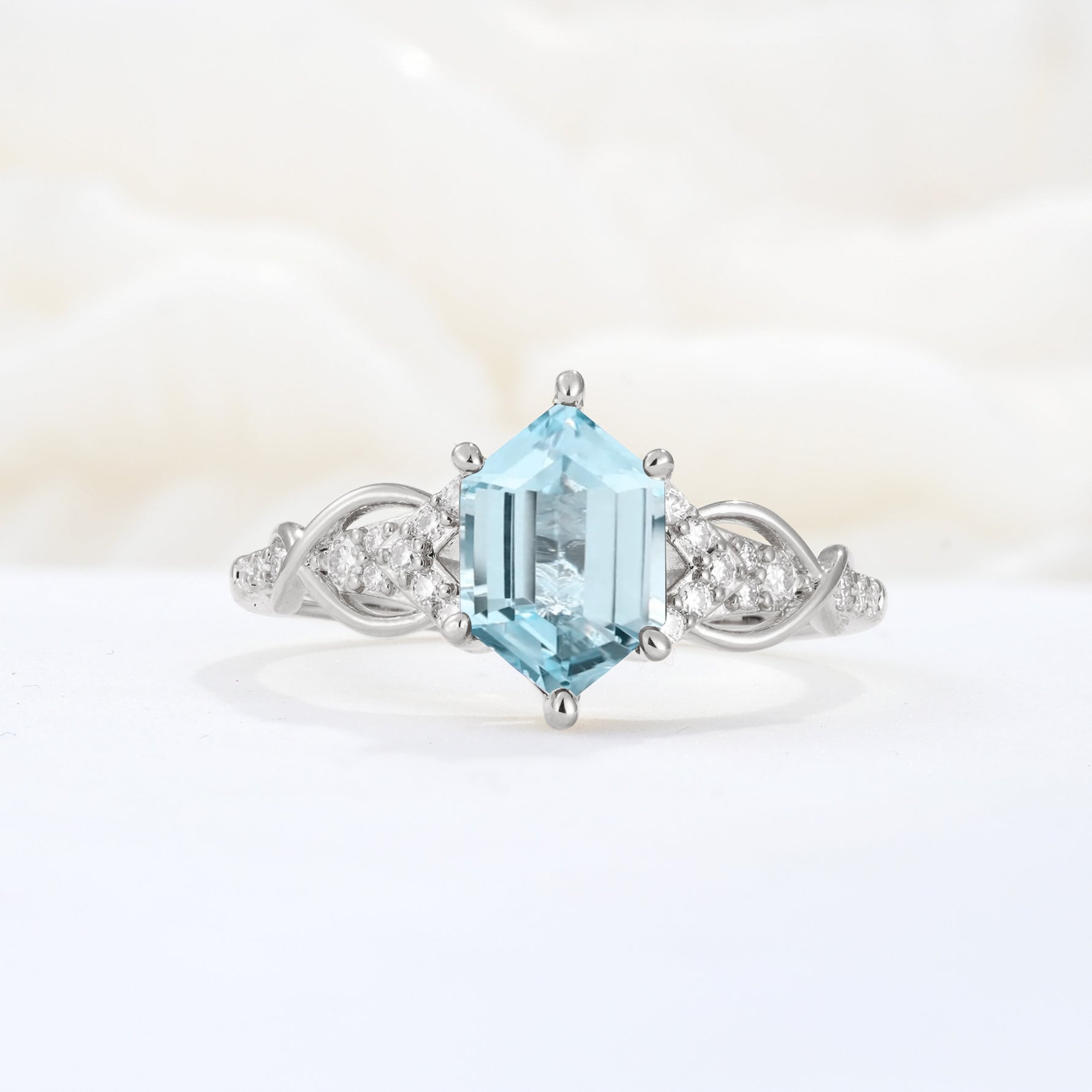 Exquisite Hexagonal Cut Twisted Band Aquamarine Engagement Ring - Additional view