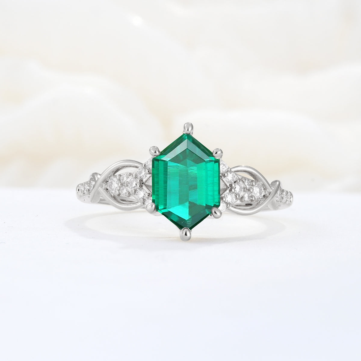 Exquisite Hexagonal Cut Twisted Band Emerald Engagement Ring - Additional view