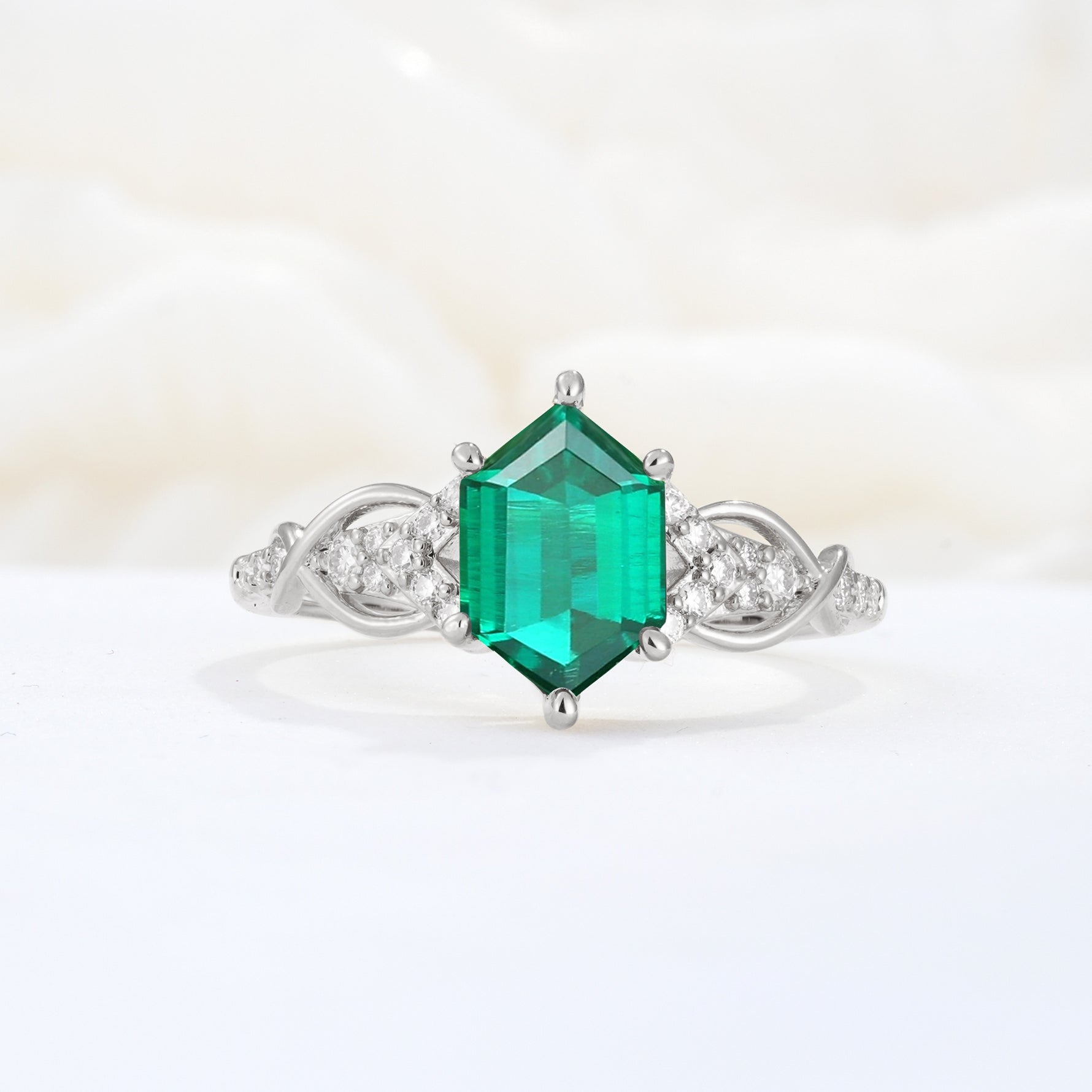 Exquisite Hexagonal Cut Twisted Band Emerald Engagement Ring - Additional view