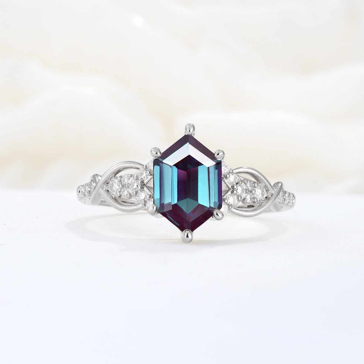 Exquisite Hexagonal Cut Twisted Band Alexandrite Engagement Ring - Additional view