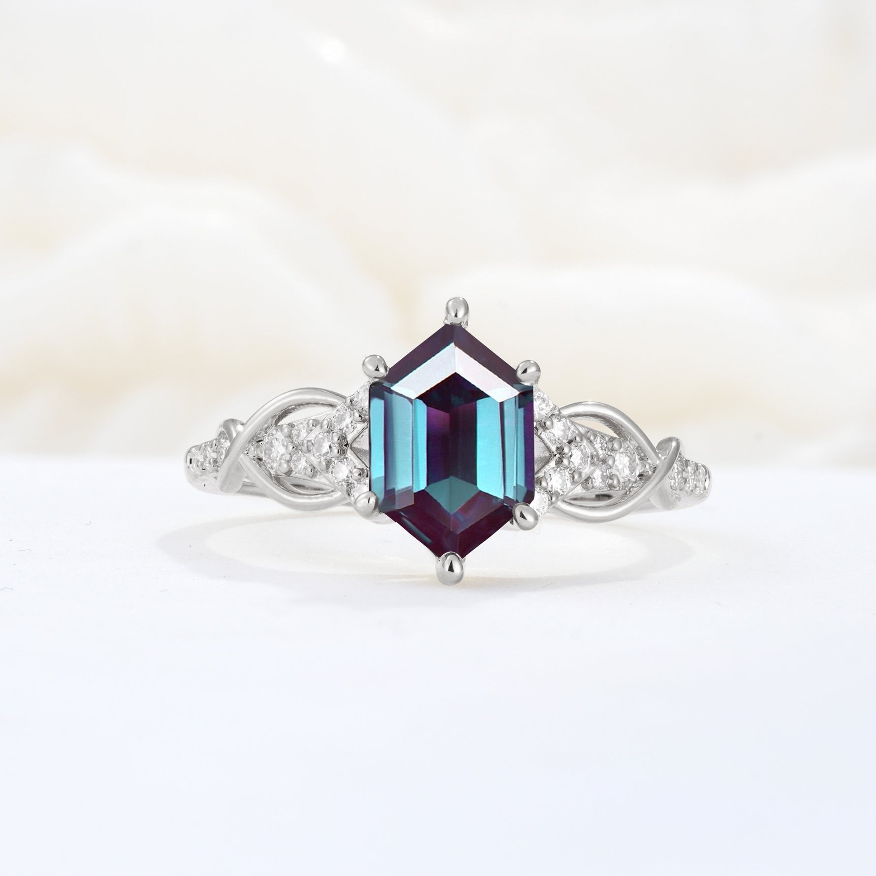 Exquisite Hexagonal Cut Twisted Band Alexandrite Engagement Ring - Additional view