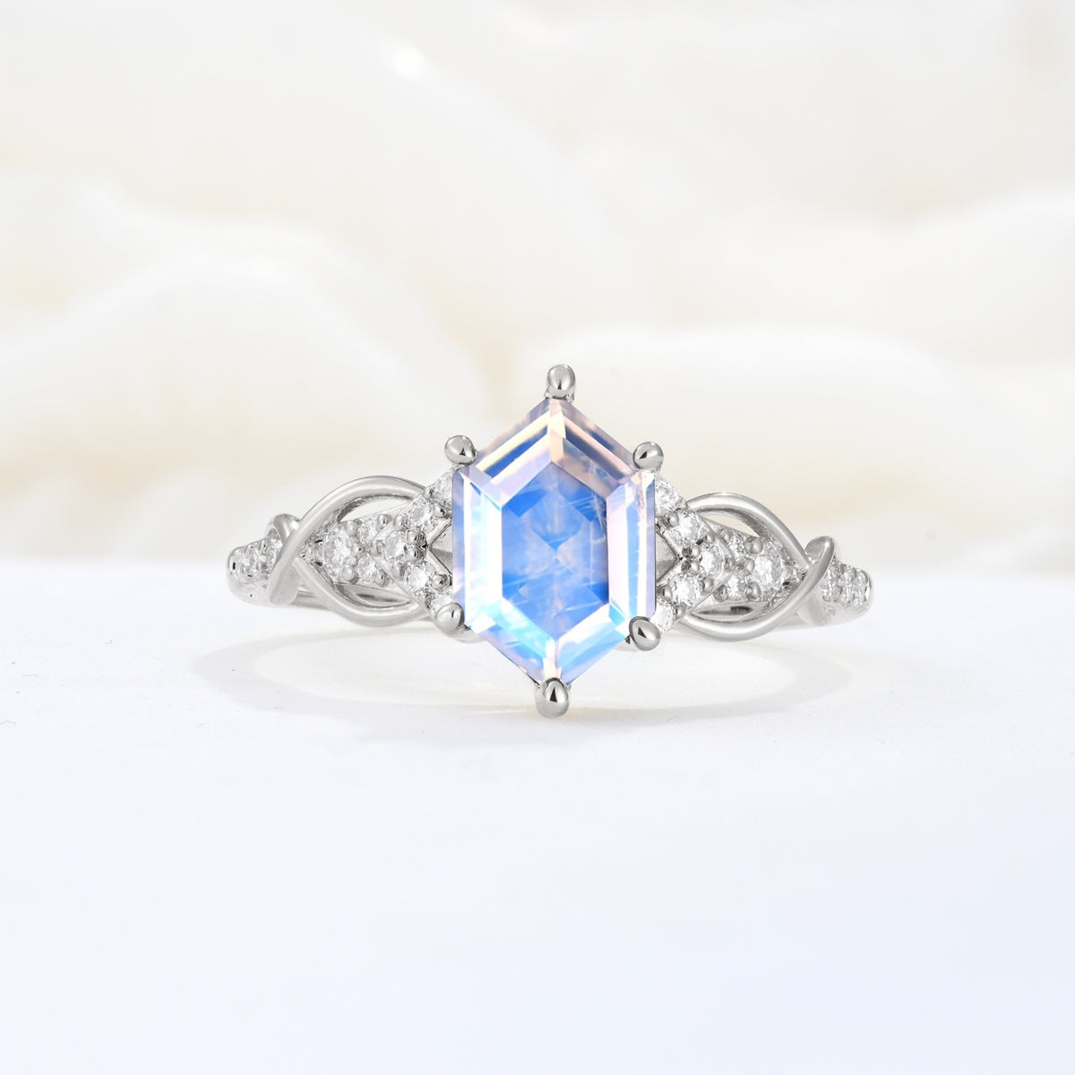 Exquisite Hexagonal Cut Twisted Band Moonstone Engagement Ring - Additional view