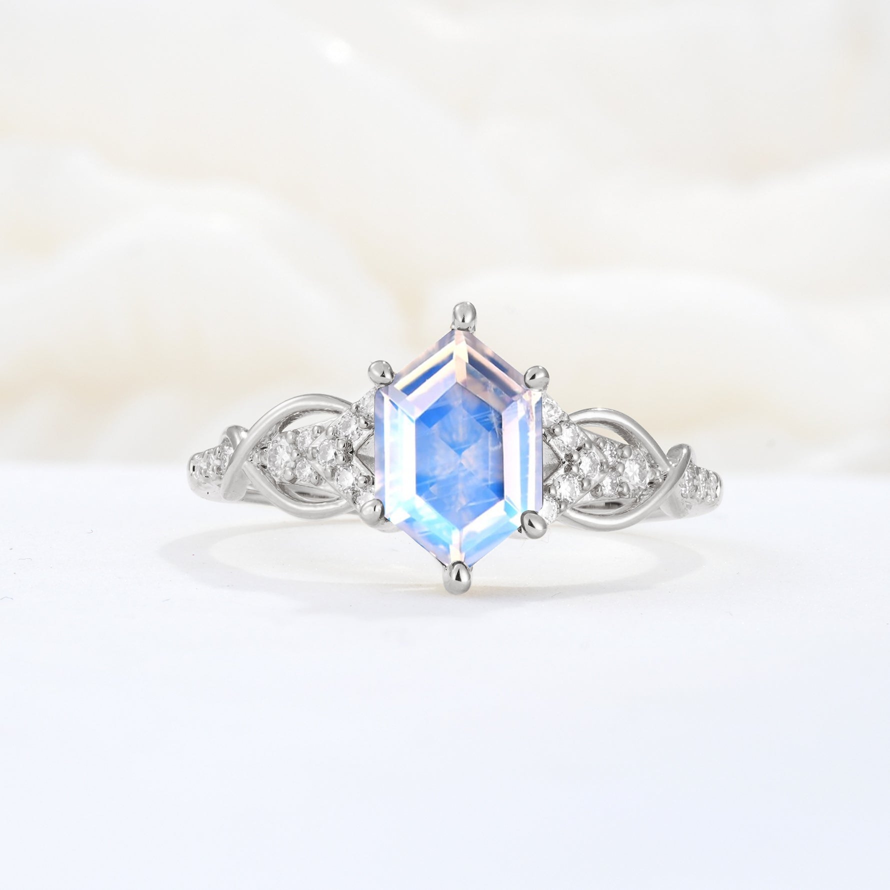 Exquisite Hexagonal Cut Twisted Band Moonstone Engagement Ring - Additional view