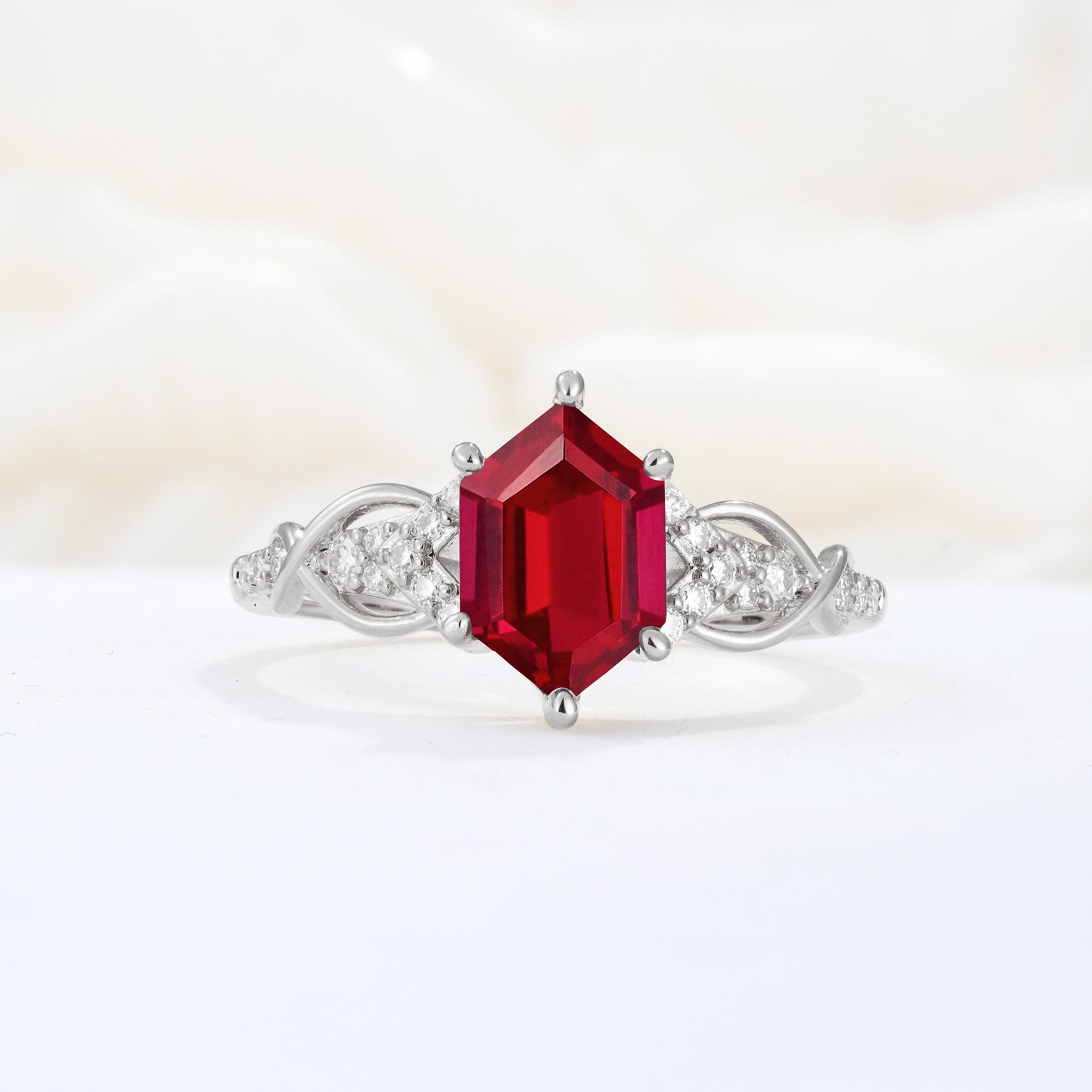 Exquisite Hexagonal Cut Twisted Band Ruby Engagement Ring - Additional view