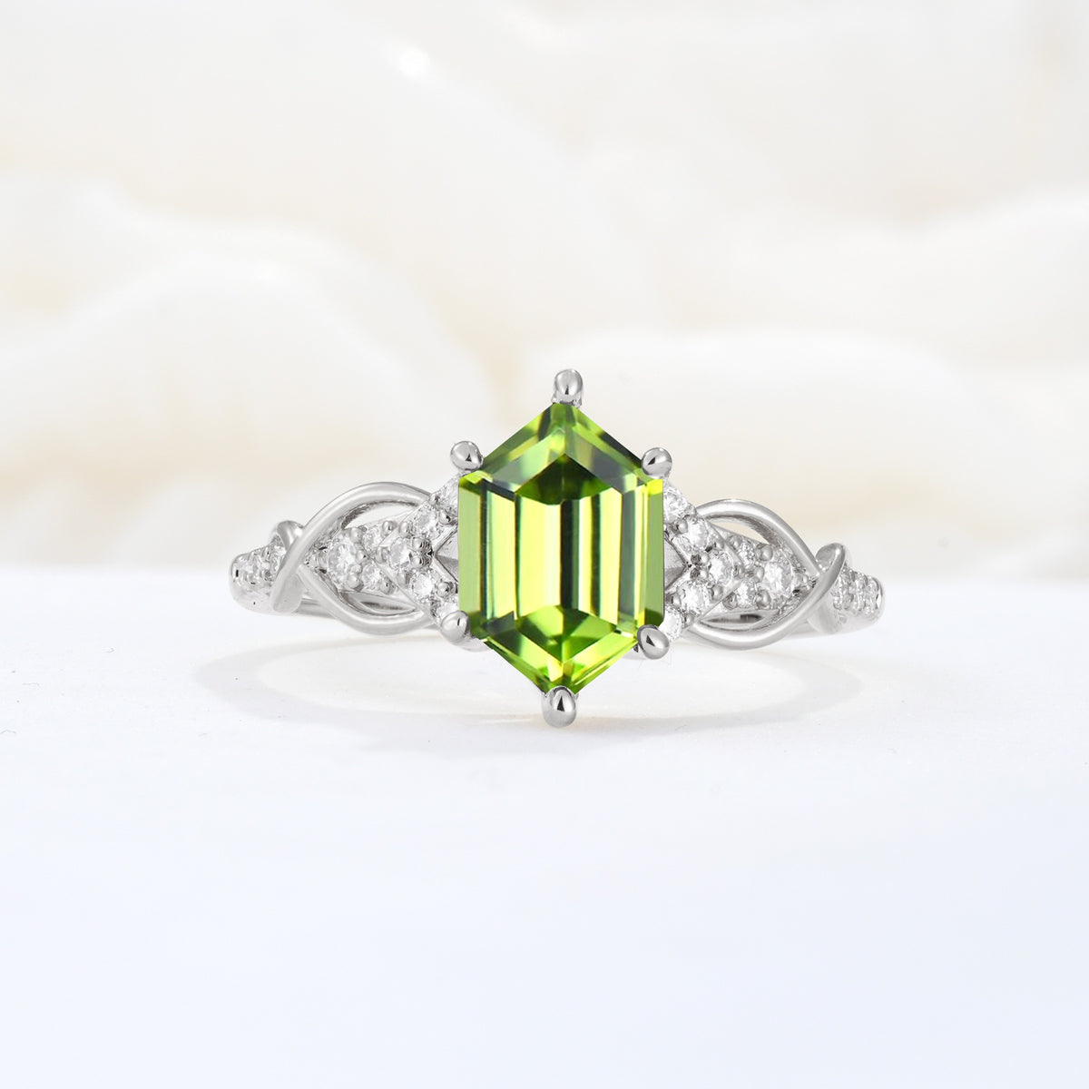 Exquisite Hexagonal Cut Twisted Band Peridot Engagement Ring - Additional view