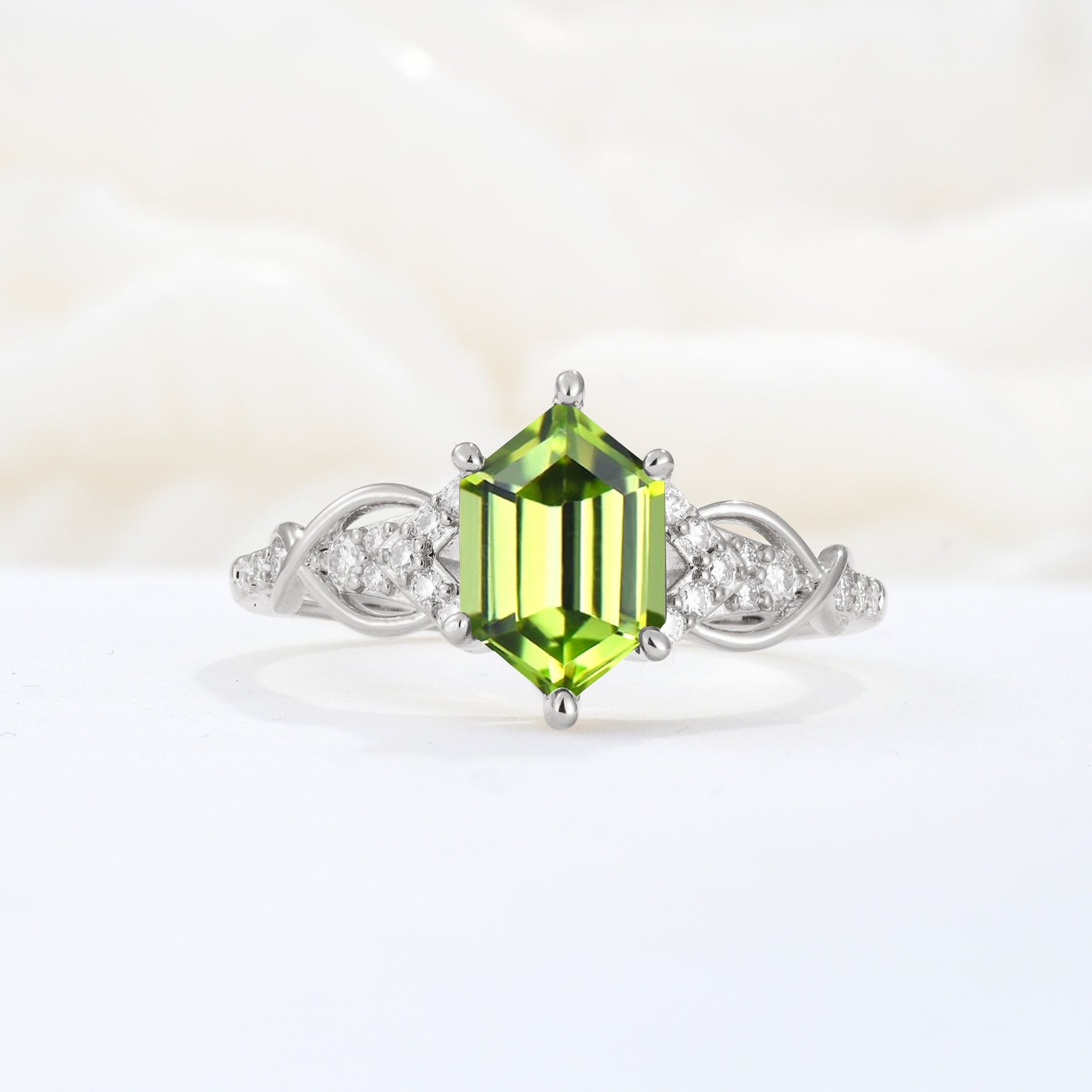 Exquisite Hexagonal Cut Twisted Band Peridot Engagement Ring - Additional view