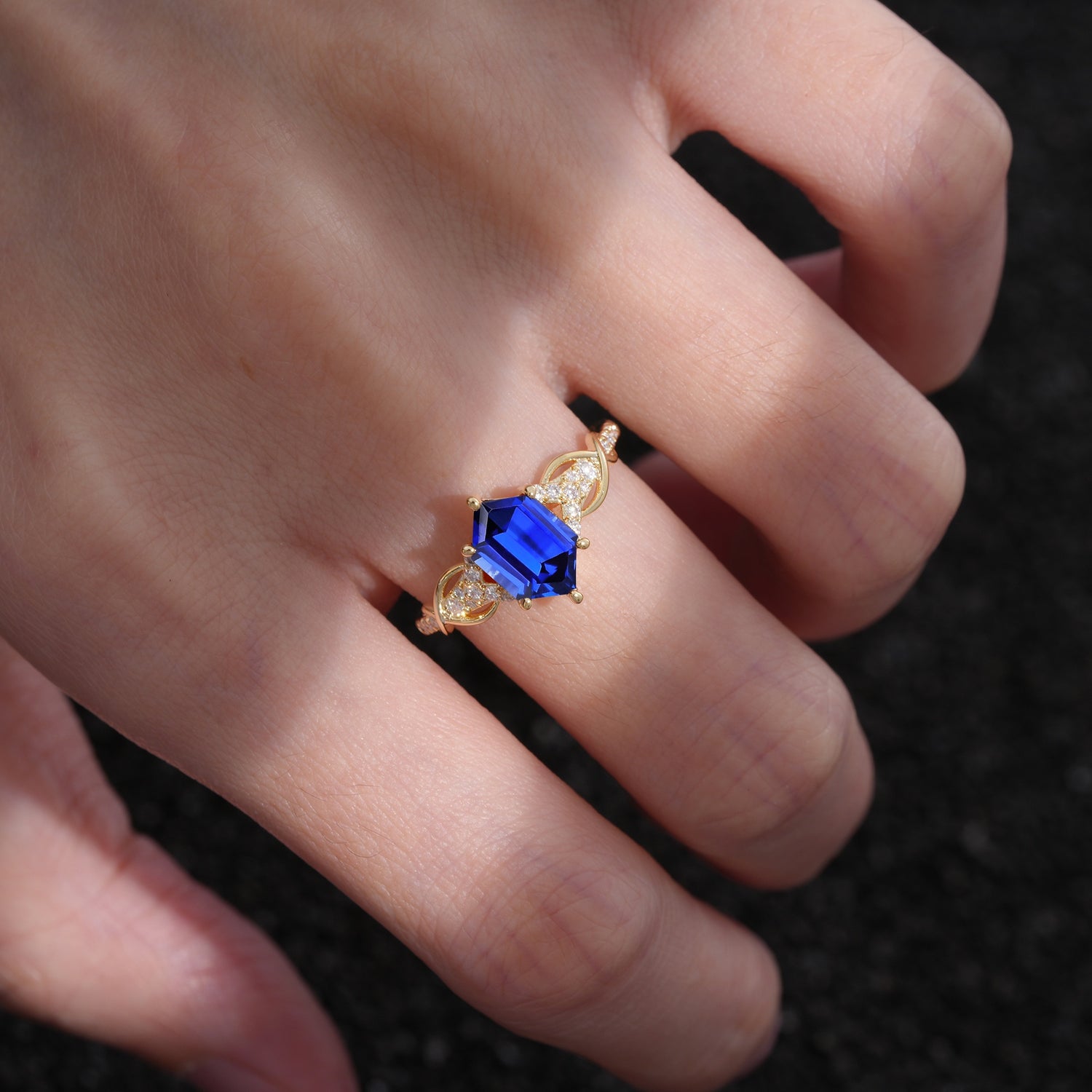 Exquisite Hexagonal Cut Twisted Band Sapphire Engagement Ring - Additional view