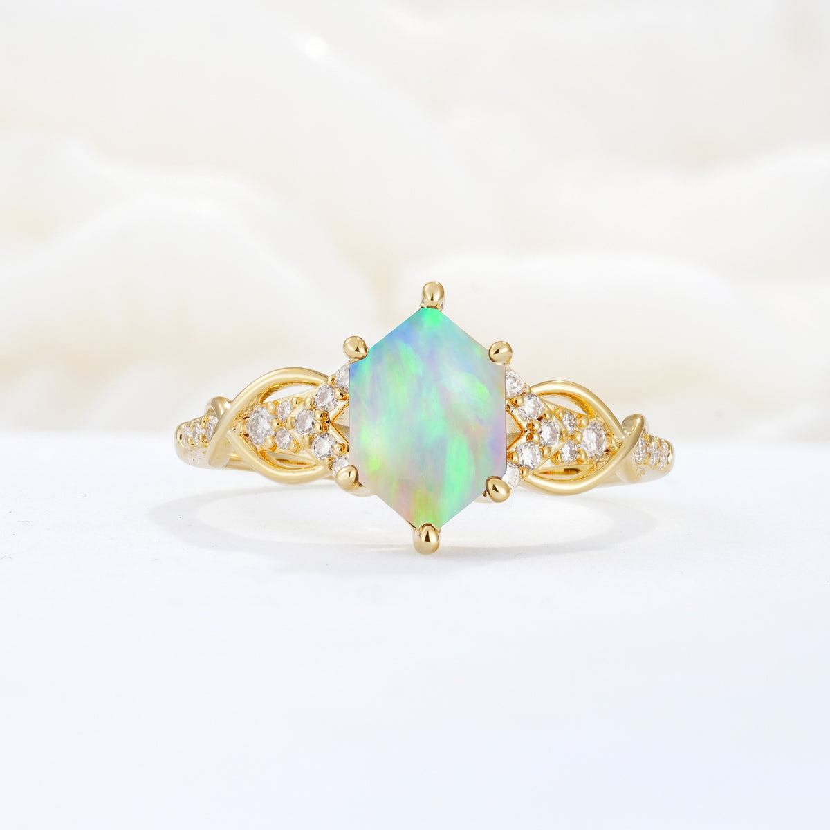 Exquisite Hexagonal Cut Twisted Band Fire Opal Engagement Ring - Additional view