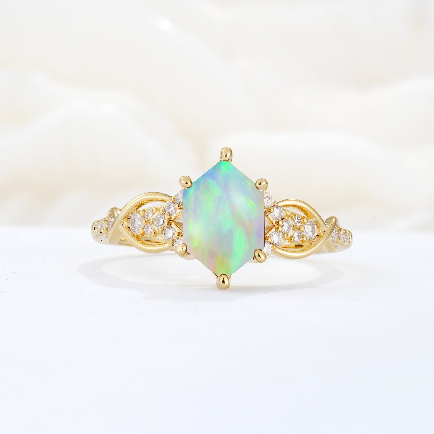 Exquisite Hexagonal Cut Twisted Band Fire Opal Engagement Ring - Additional view