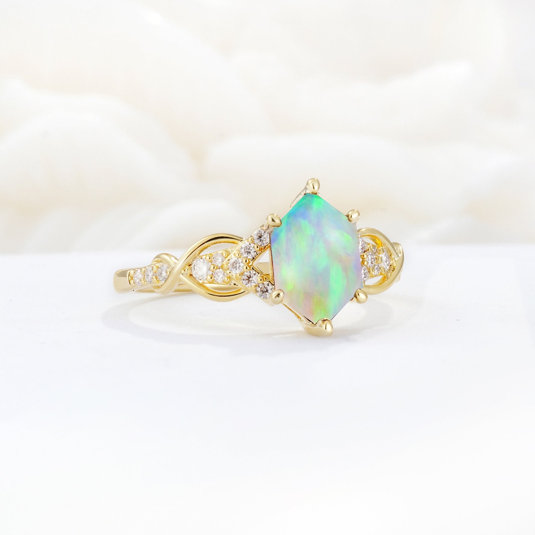 Exquisite Hexagonal Cut Twisted Band Fire Opal Engagement Ring - Additional view