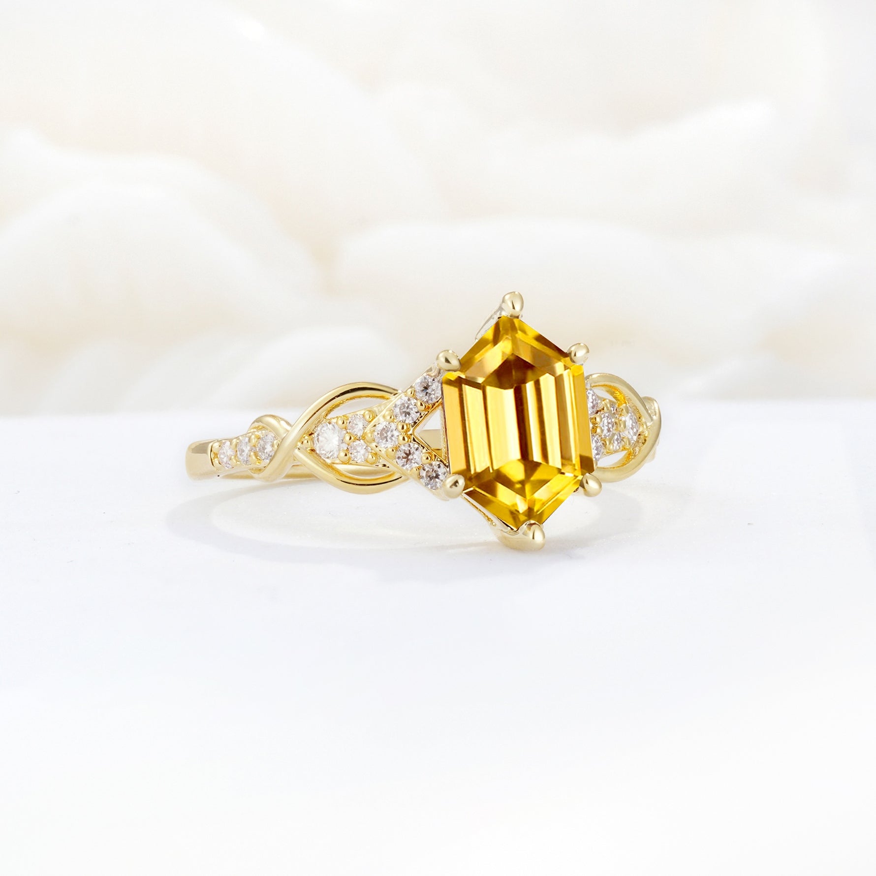 Exquisite Hexagonal Cut Twisted Band Citrine Engagement Ring - Additional view