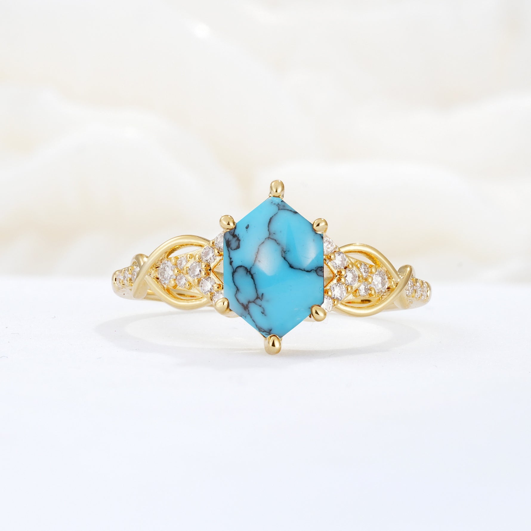 Exquisite Hexagonal Cut Twisted Band Turquoise Engagement Ring - Additional view