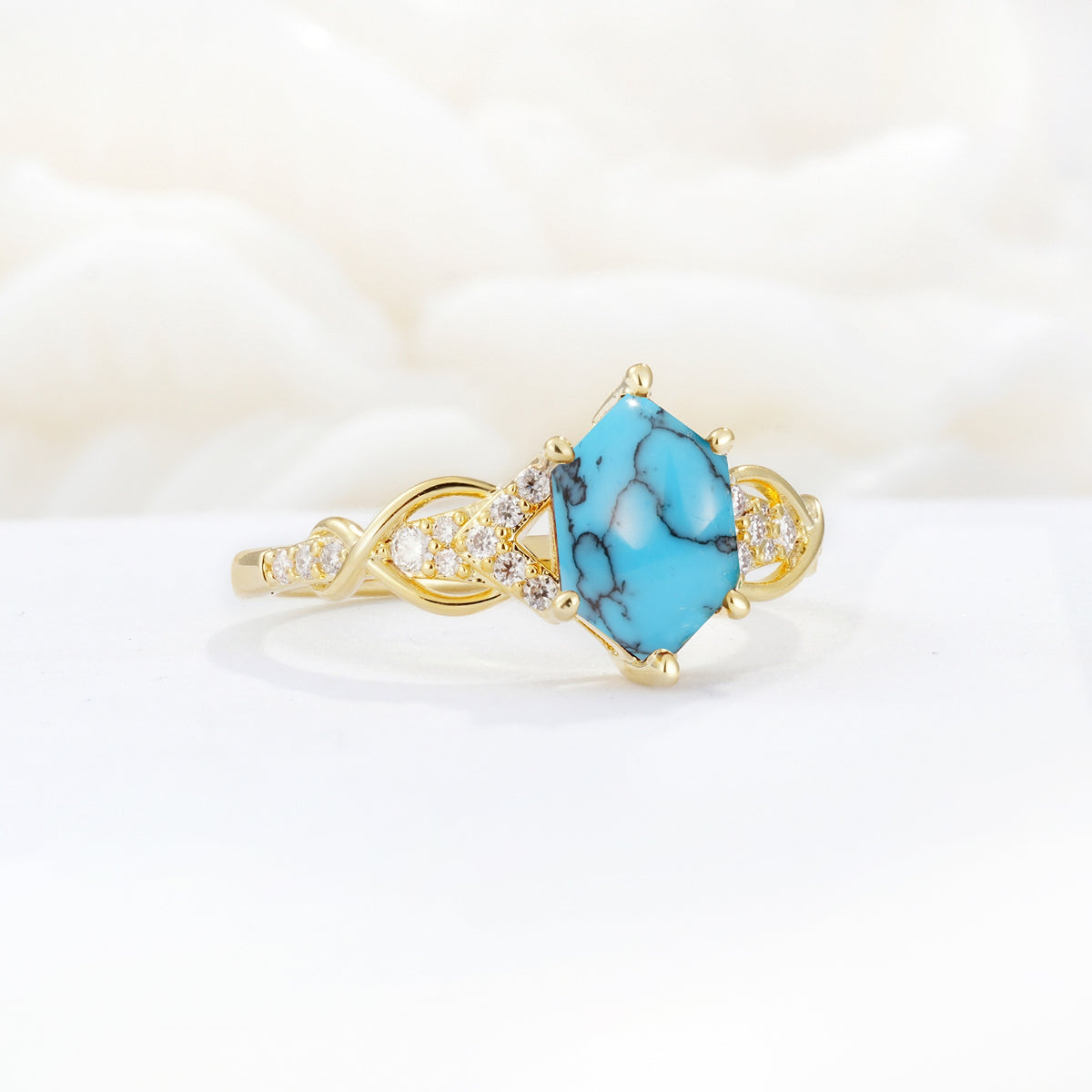 Exquisite Hexagonal Cut Twisted Band Turquoise Engagement Ring - Additional view
