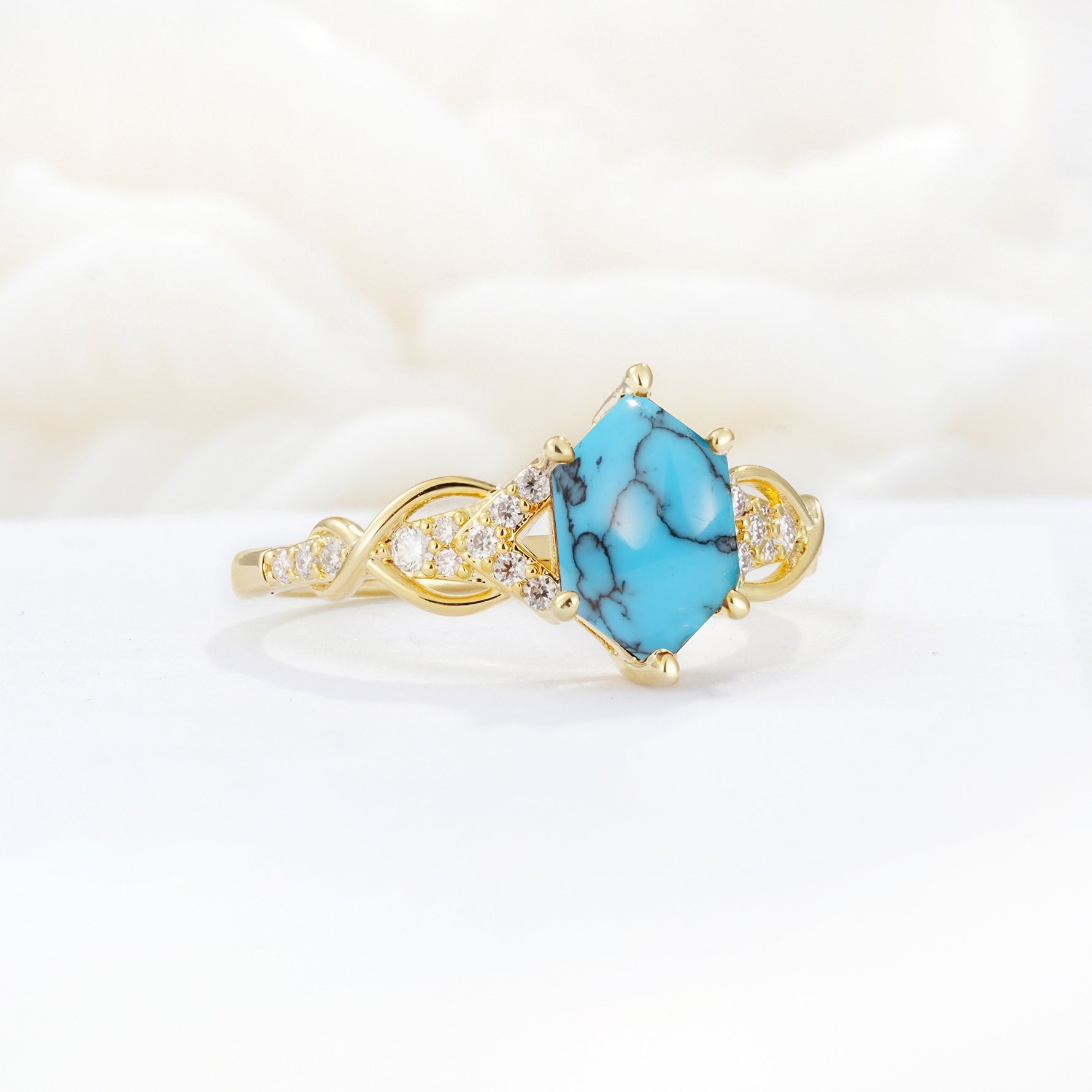 Exquisite Hexagonal Cut Twisted Band Turquoise Engagement Ring - Additional view