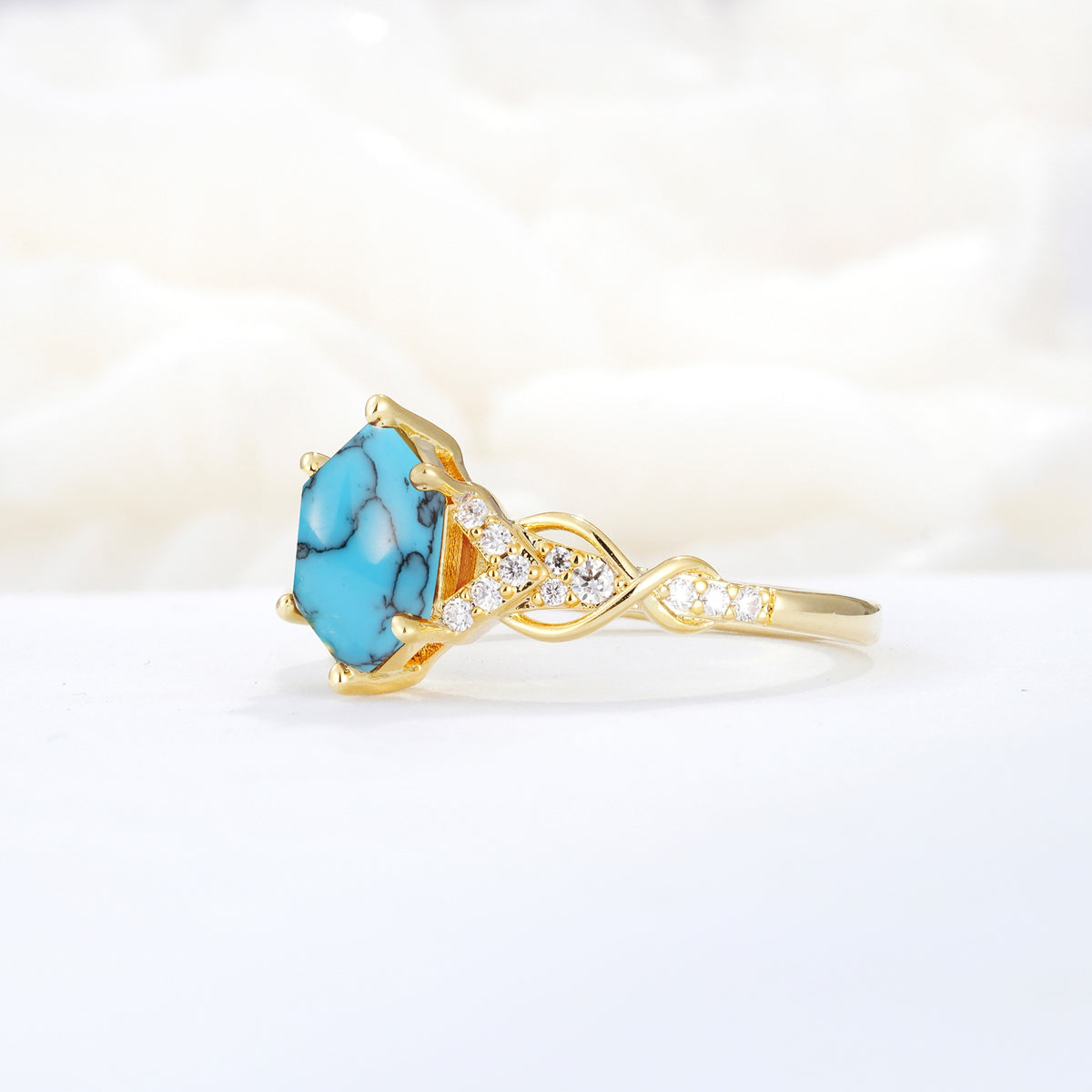 Exquisite Hexagonal Cut Twisted Band Turquoise Engagement Ring - Additional view
